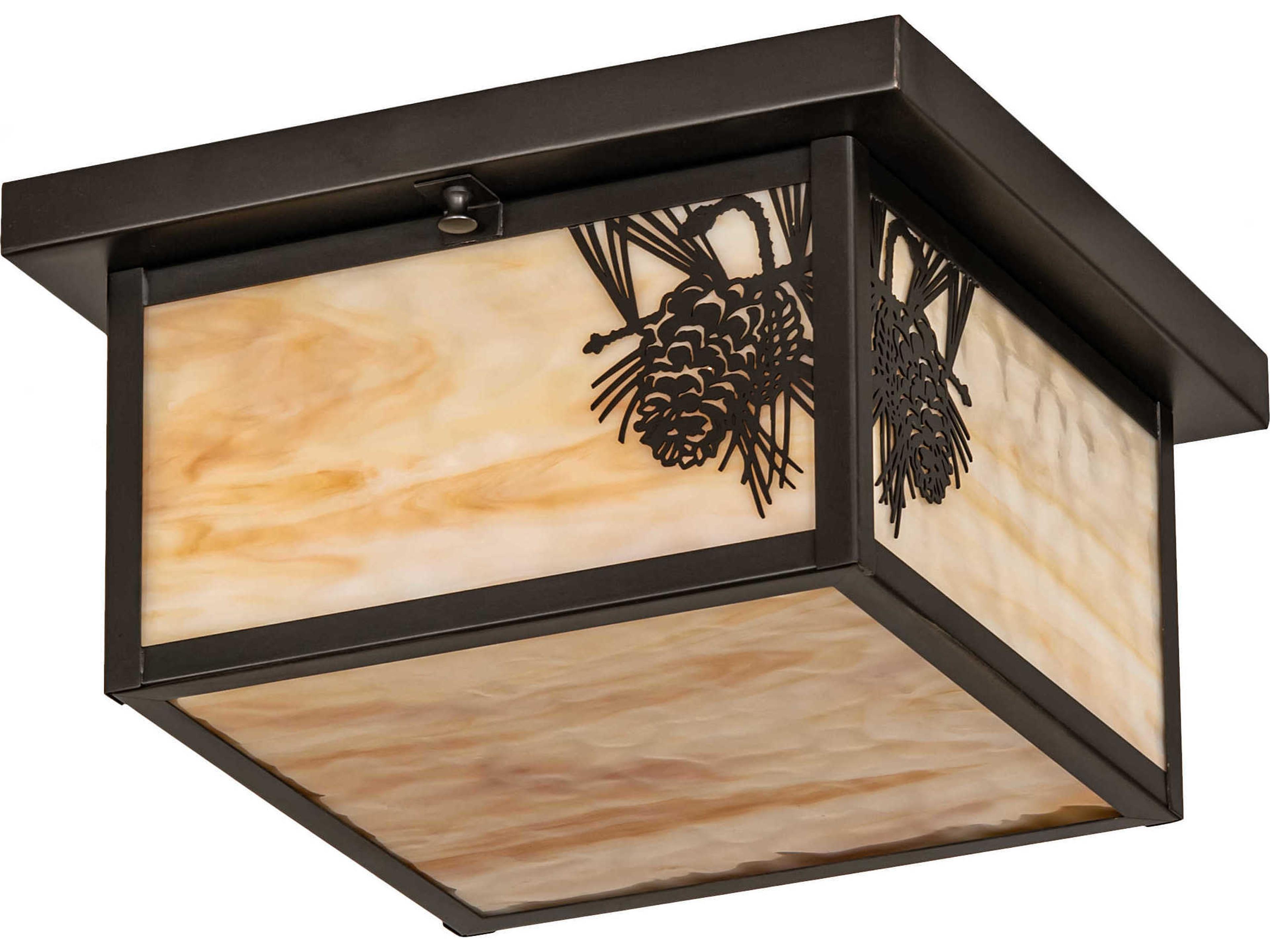 Meyda Hyde Park 2-Light Craftsman Brown Off White Glass Geometric Lantern Flush Mount