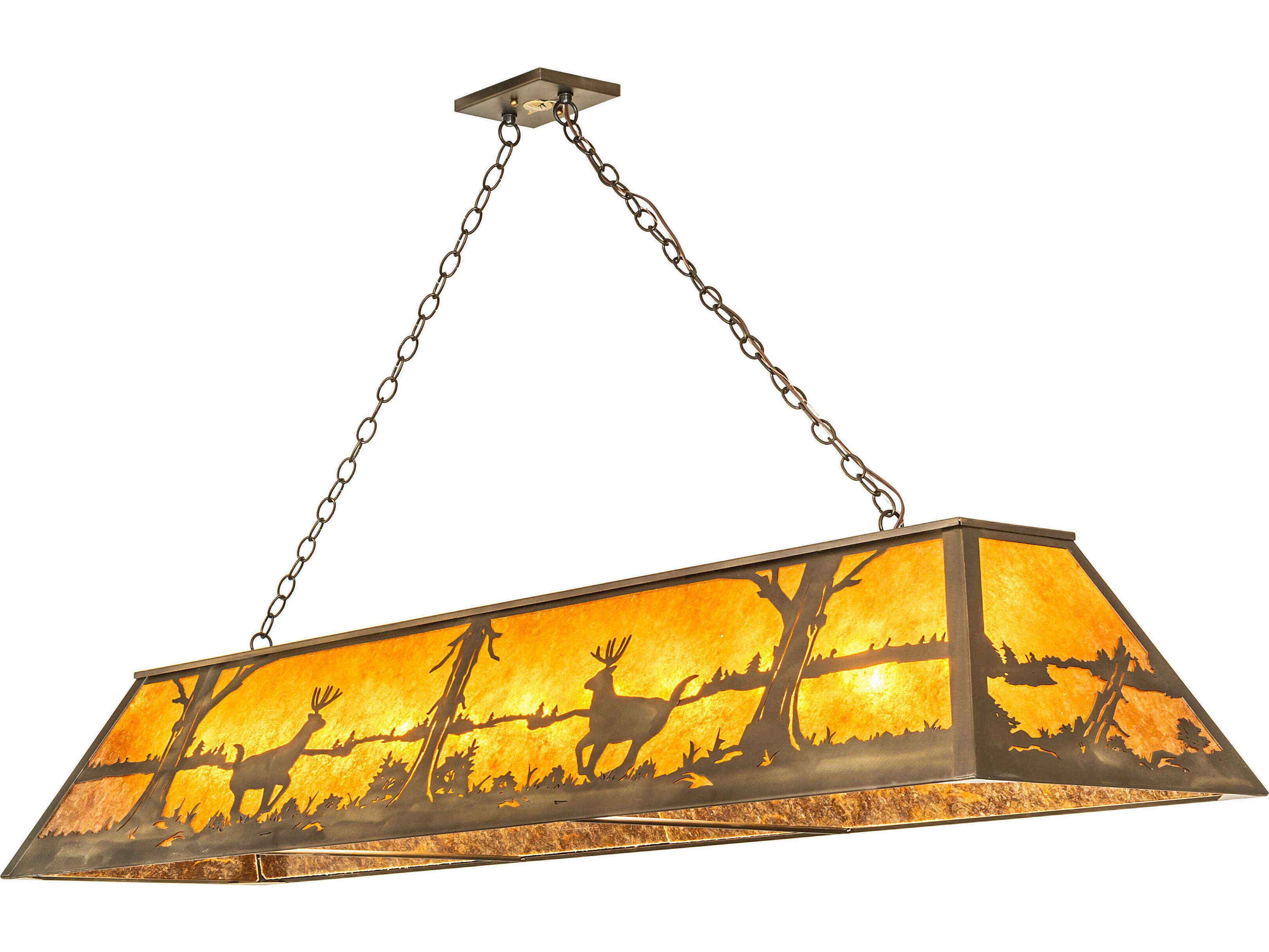 Deer At Lake 11-Light Antique Copper Glass Island Pendant
