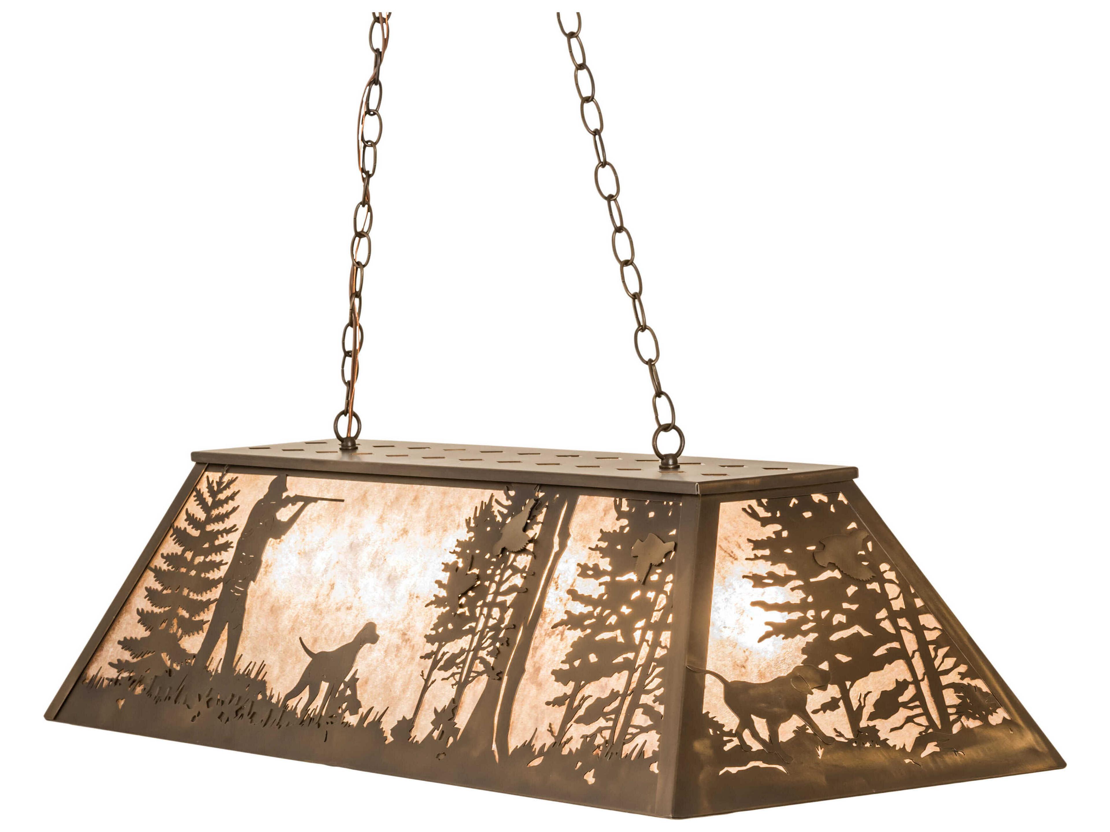 Quail Hunter with dog 6-Light Antique Copper Glass Island Pendant