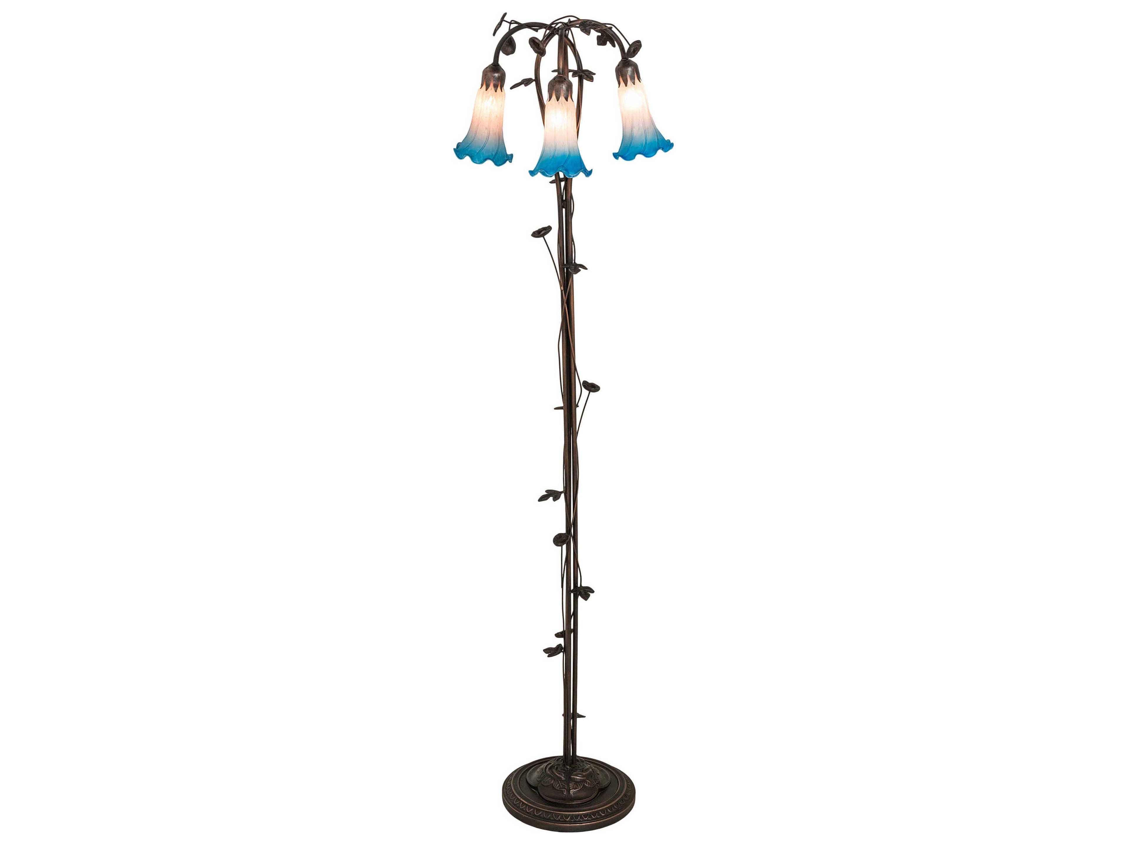 Pond Lily Mahogany Bronze Tiffany Floor Lamp with Pink Blue Glass Shade