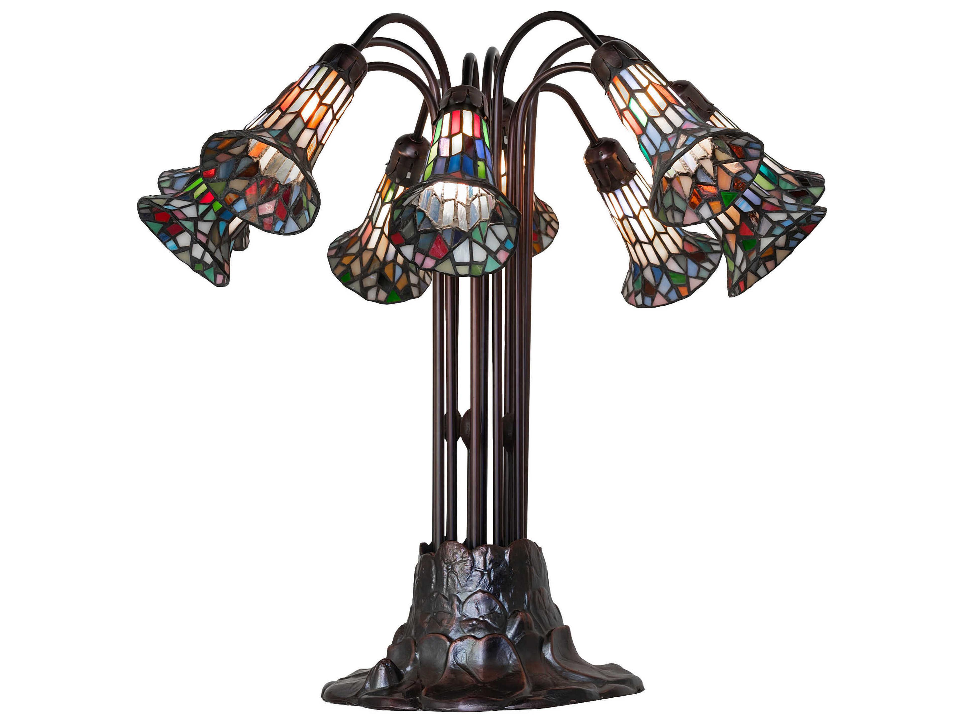 Stained Glass Pond Lily 10 - Light Mahogany Bronze Blue White Red Pink Purple Tiffany Table Lamp with Shade