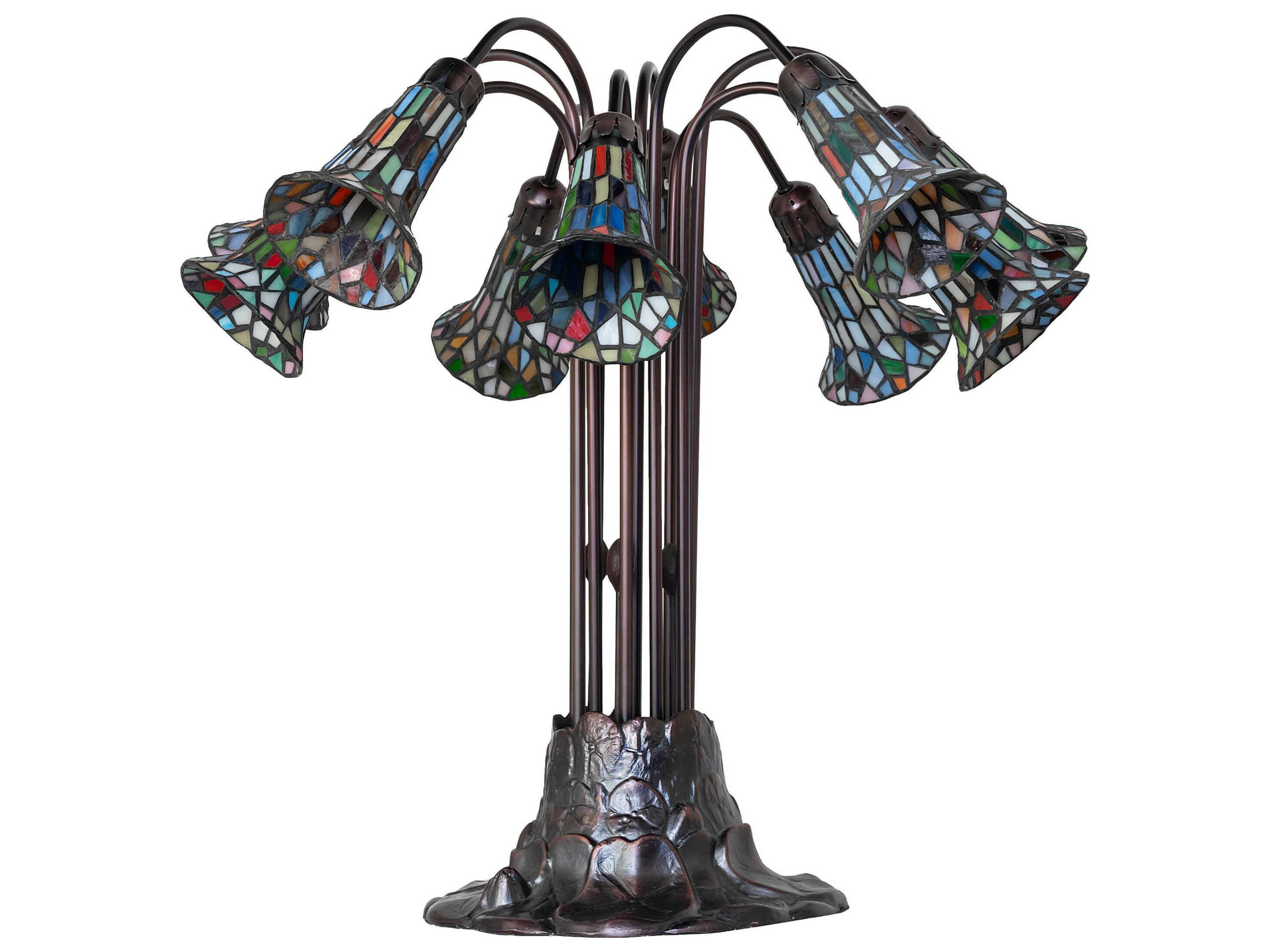 Meyda Stained Glass Pond Lily 10 - Light Mahogany Bronze Blue White Red Pink Purple Tiffany Table Lamp with Shade