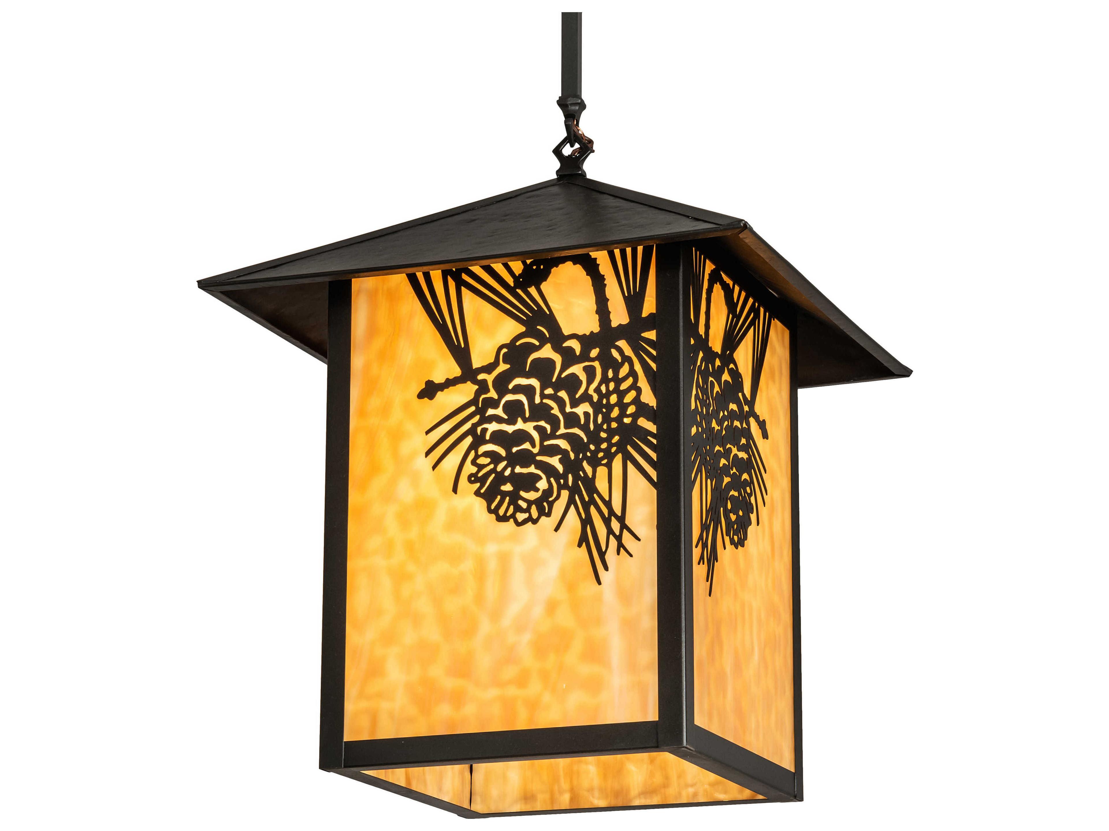 Meyda Seneca Winter Pine 1-Light Craftsman Brown Off White Glass Geometric Pendant