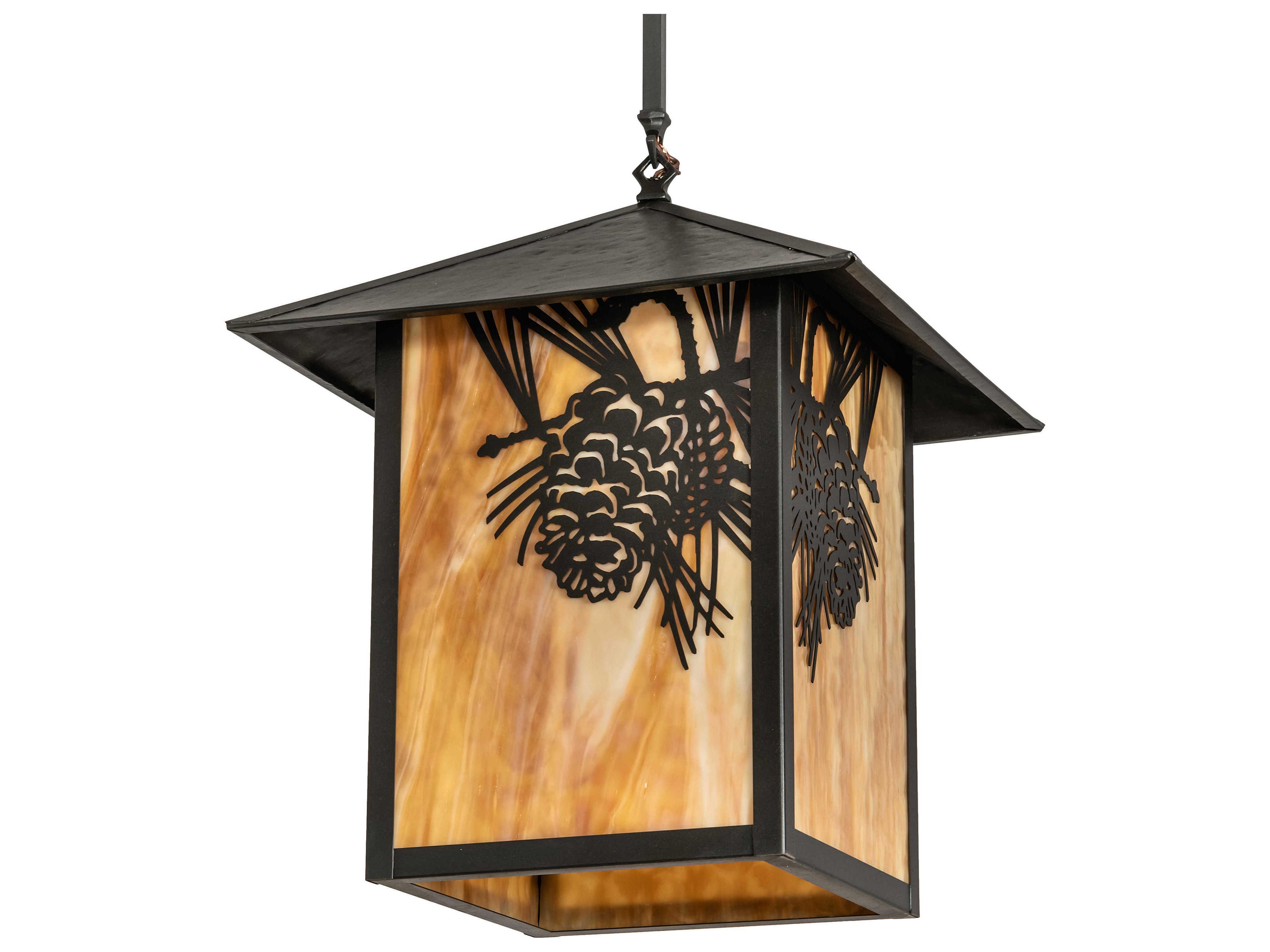 Meyda Seneca Winter Pine 1-Light Craftsman Brown Off White Glass Geometric Pendant