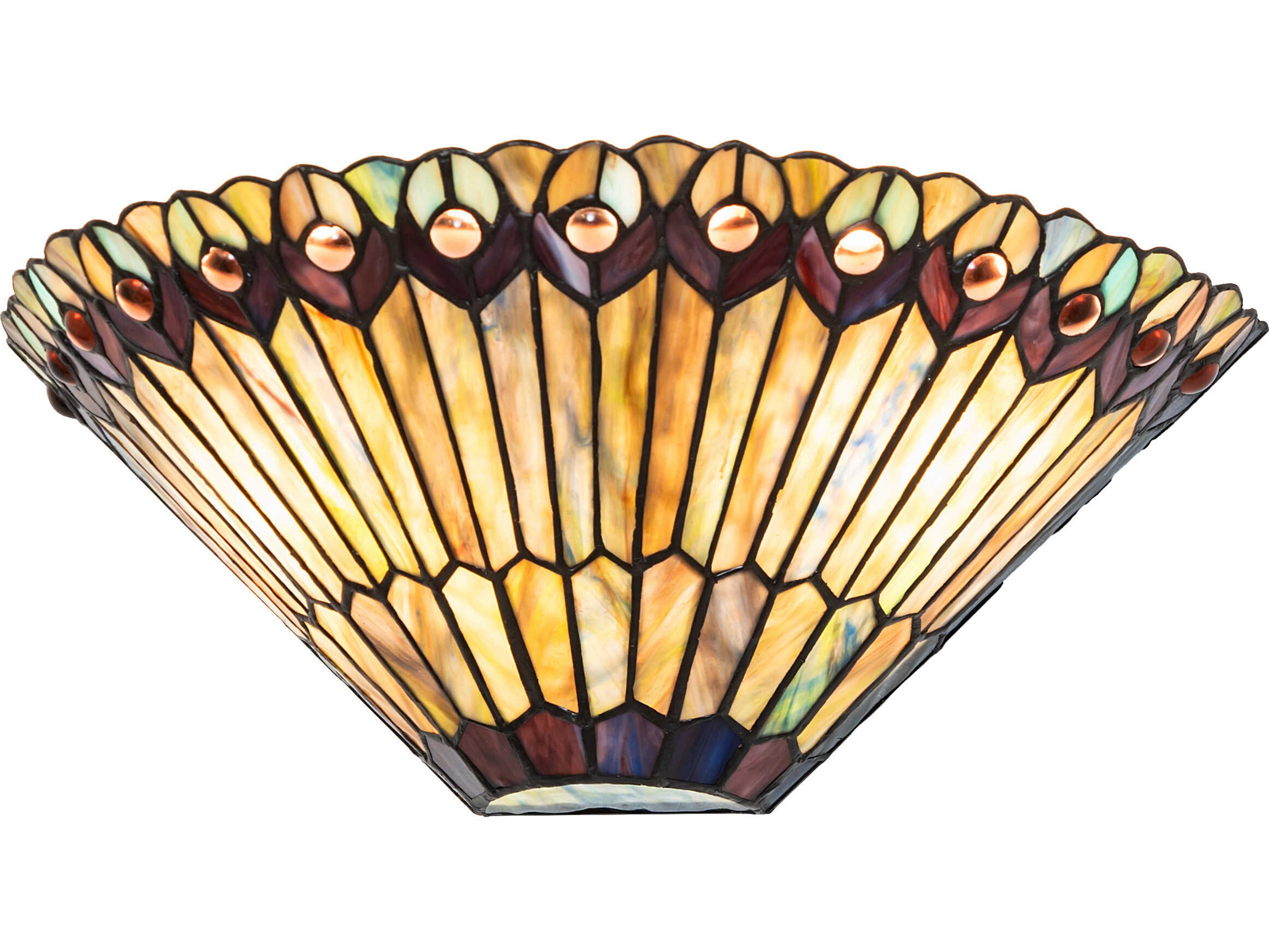 Tiffany Jeweled Peacock 2-Light Stained Glass Brown Wall Sconce