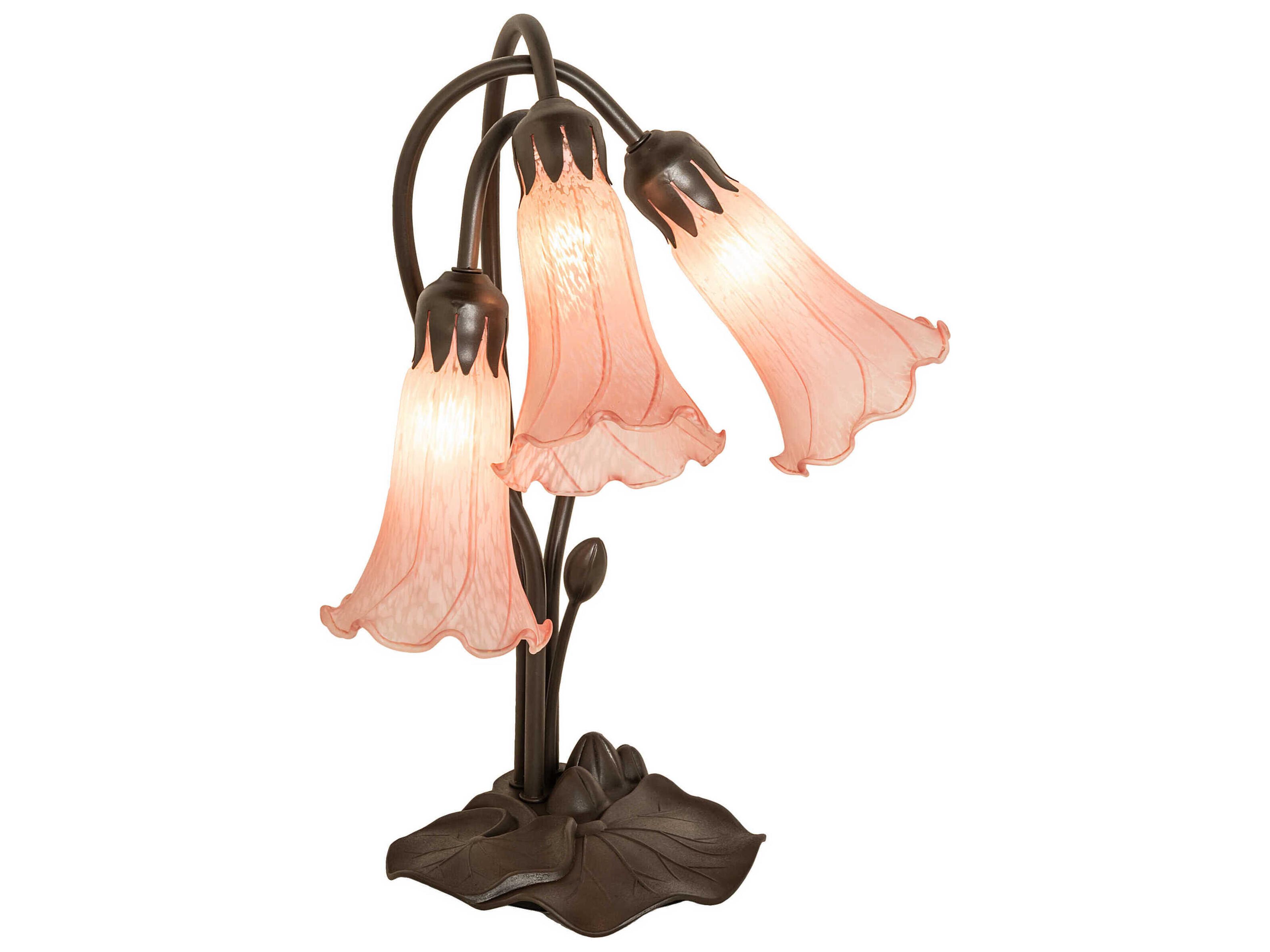 Pond Lily Mahogany Bronze Tiffany Table Lamp with Pink Glass Shade