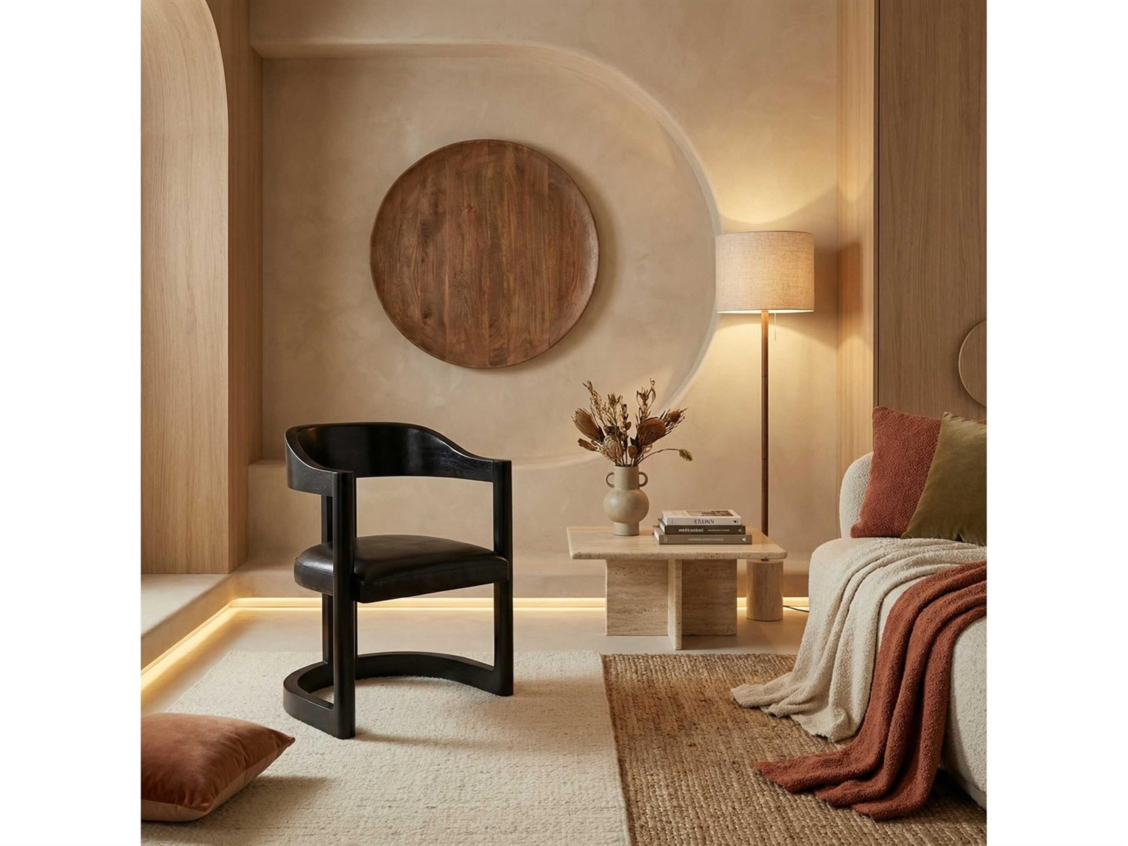 Noir Leather Teak Wood Black Upholstered Arm Dining Chair