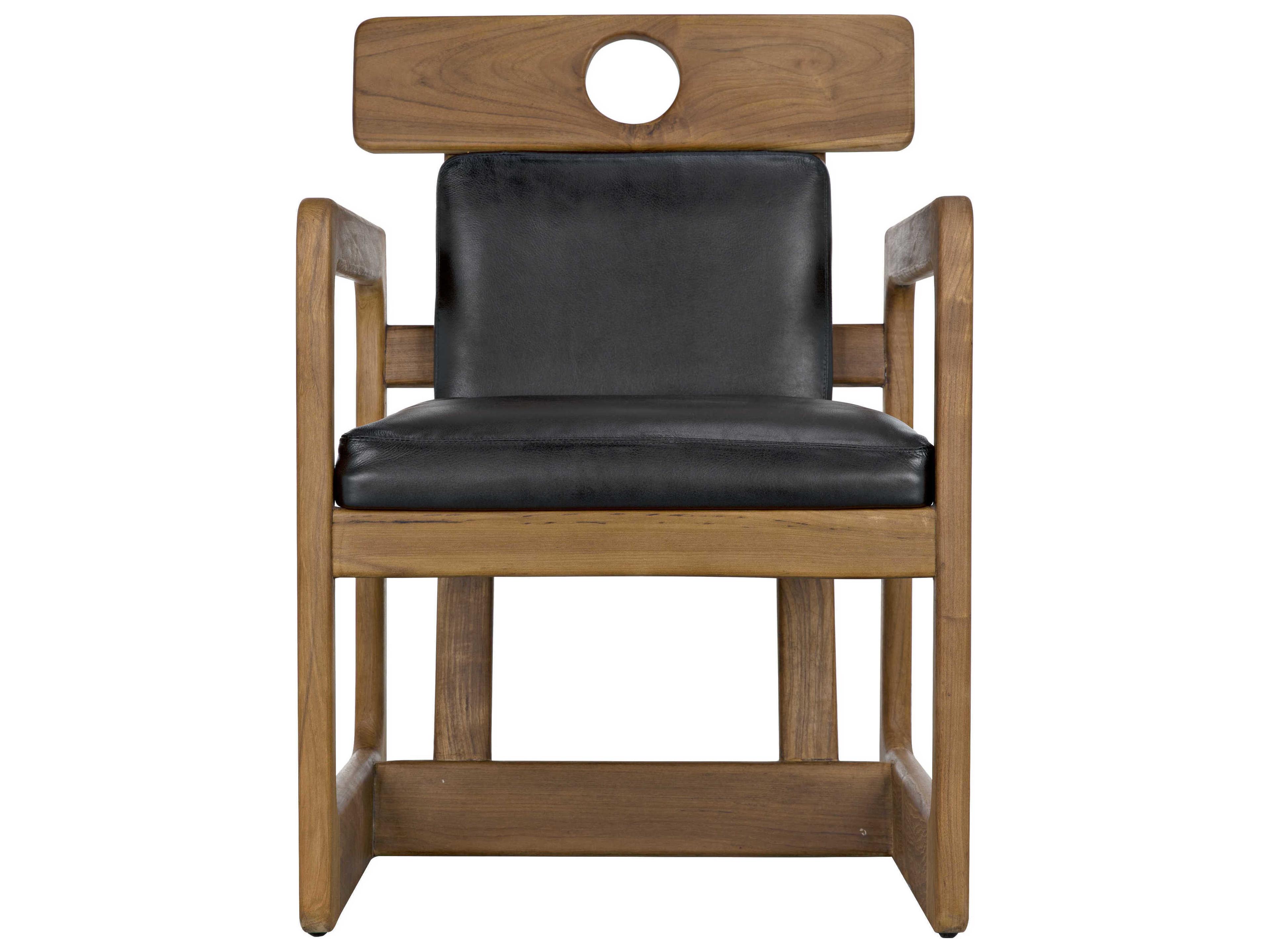 Noir Leather Teak Wood Black Upholstered Arm Dining Chair