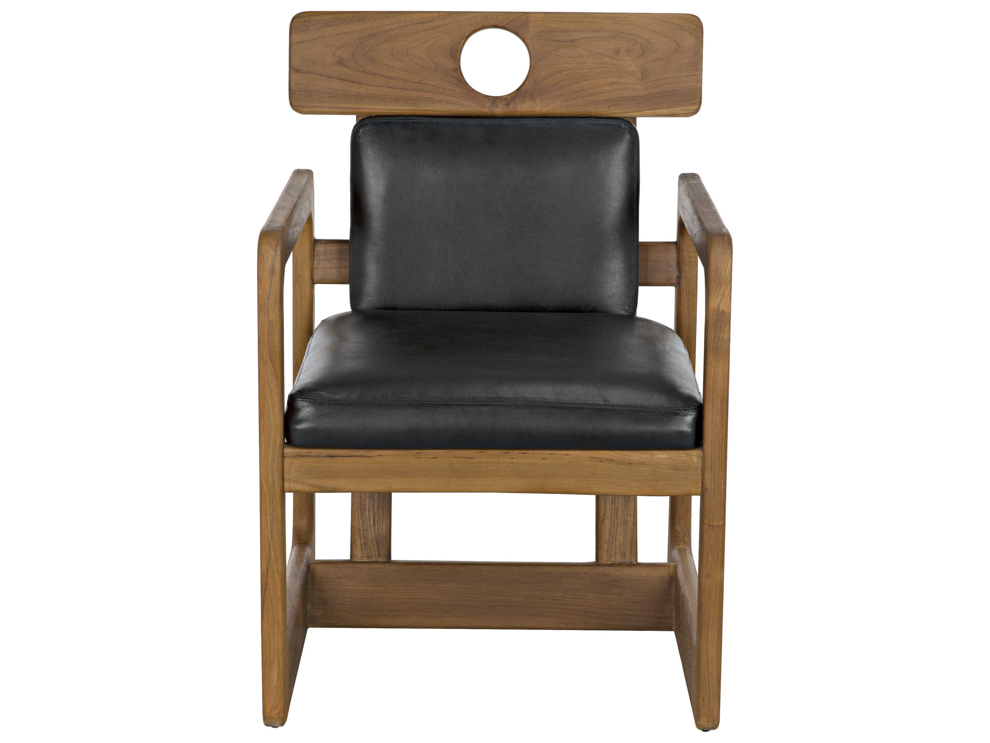 Noir Leather Teak Wood Black Upholstered Arm Dining Chair
