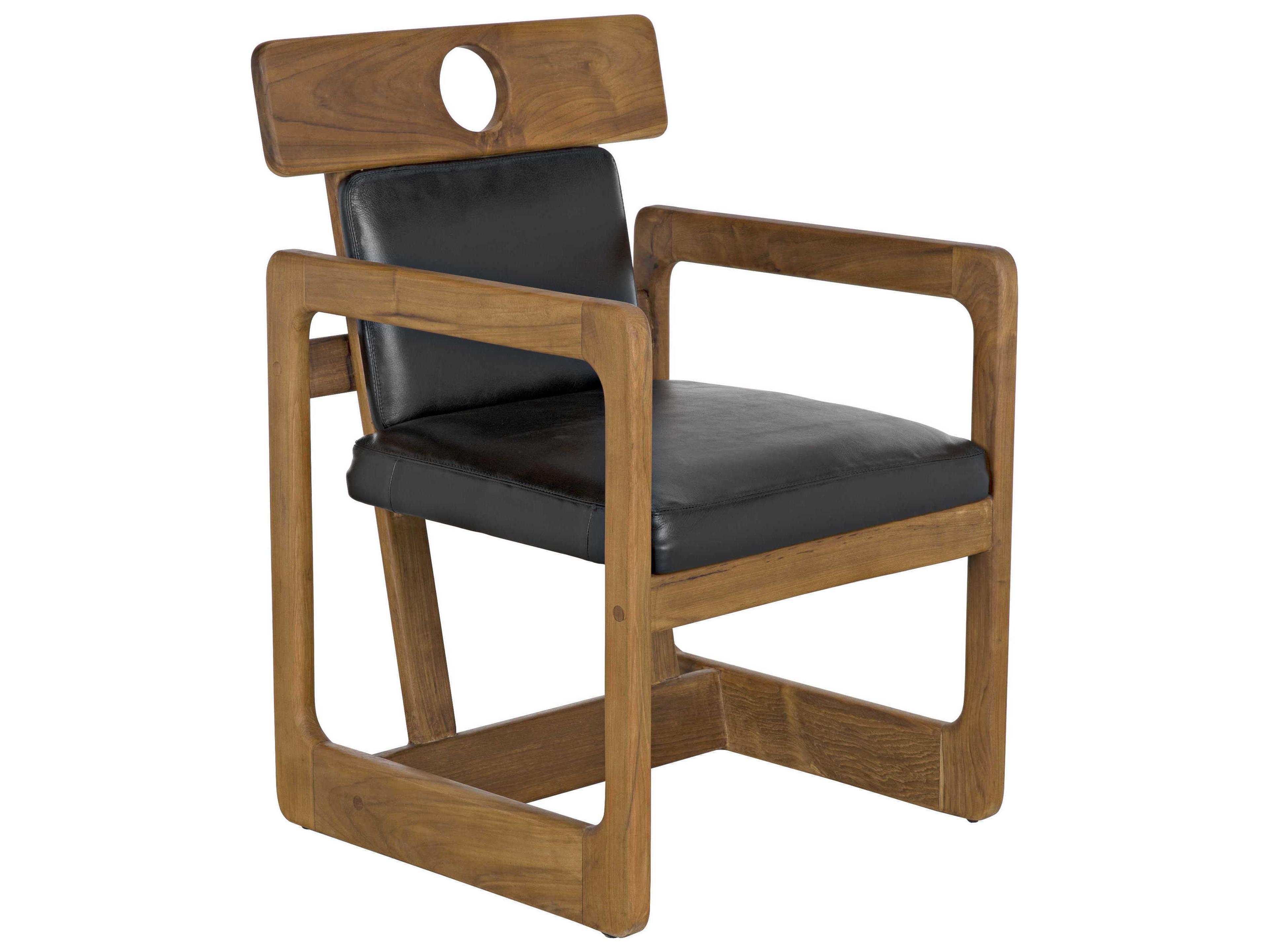 Noir Leather Teak Wood Black Upholstered Arm Dining Chair