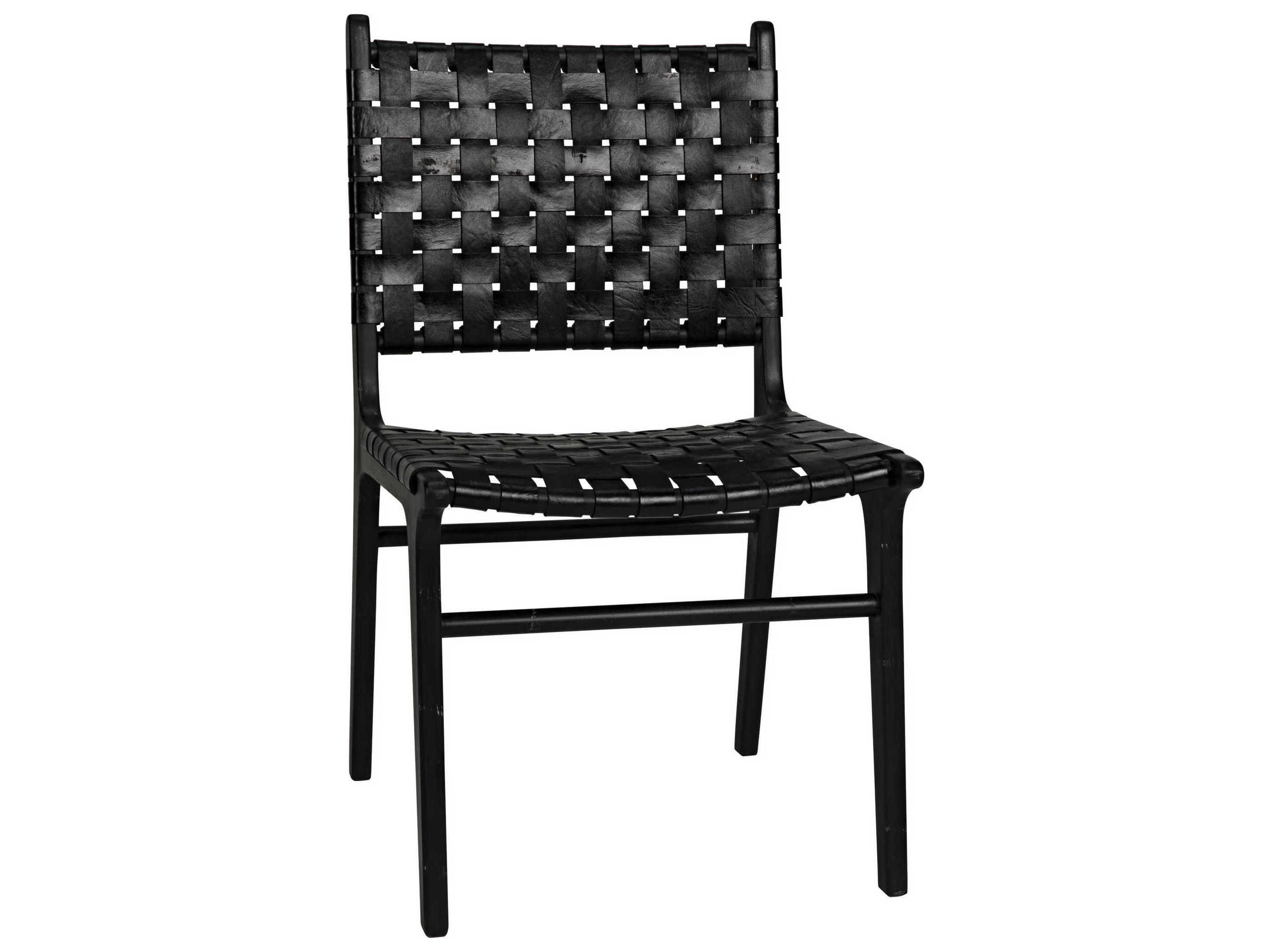 Dede Upholstered Dining Side Chair in Black Leather and Teak