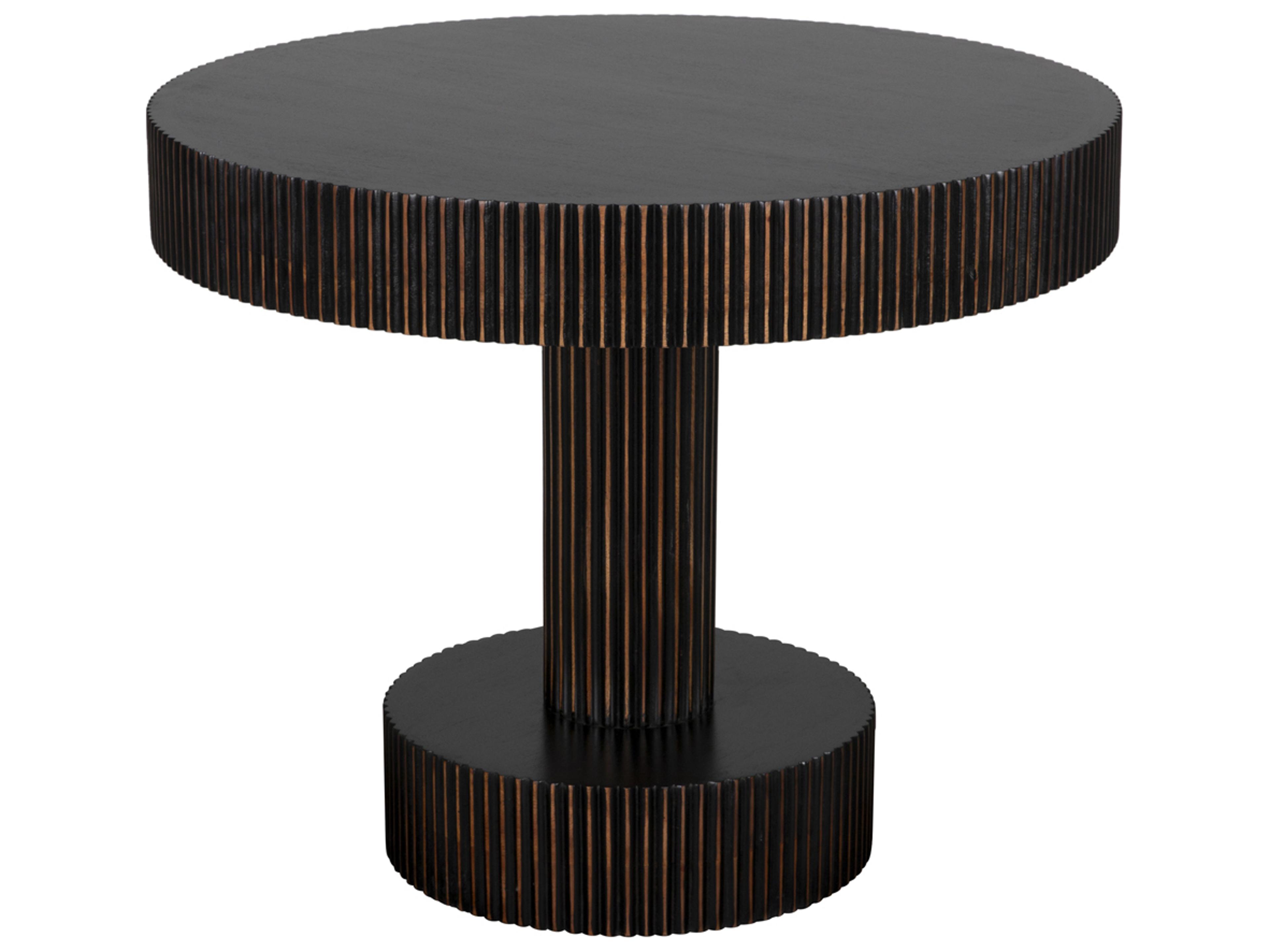 Noir Stringata Round Wood Hand Rubbed Black Light Brown End Table