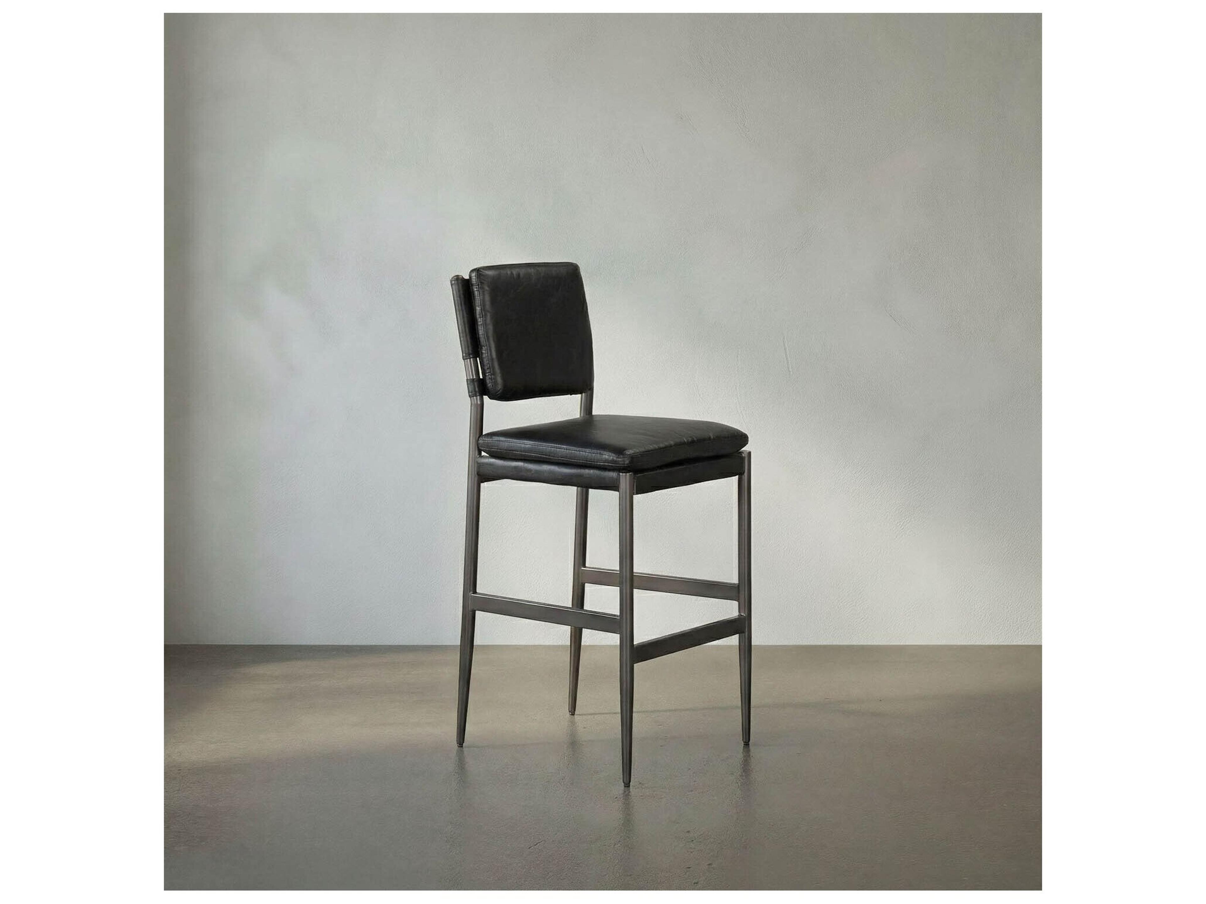 Noir Wooster Metal Grey Power Coast Leather Bar Stool