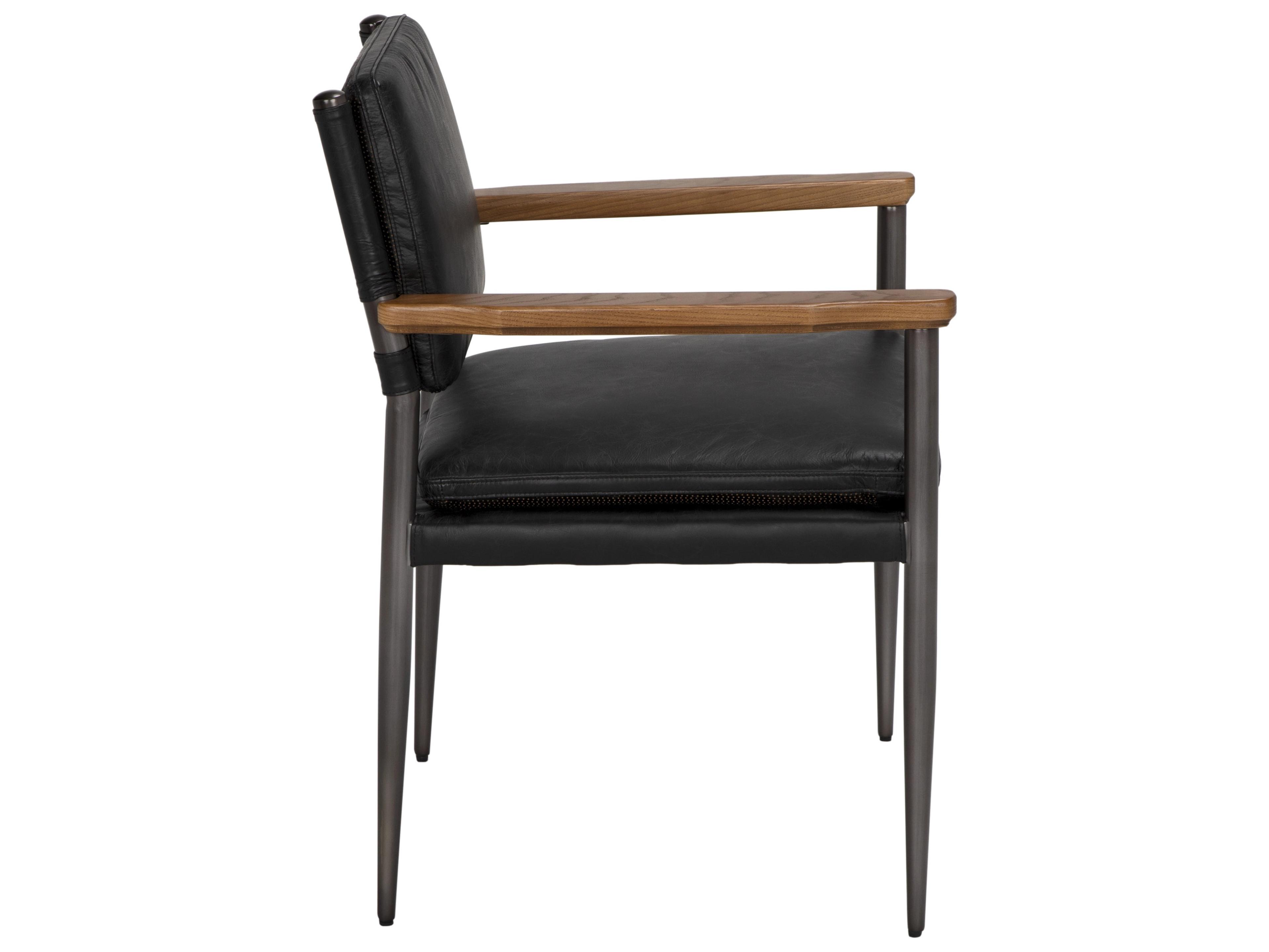 Noir Wooster Walnut Wood Black Leather Arm Dining Chair