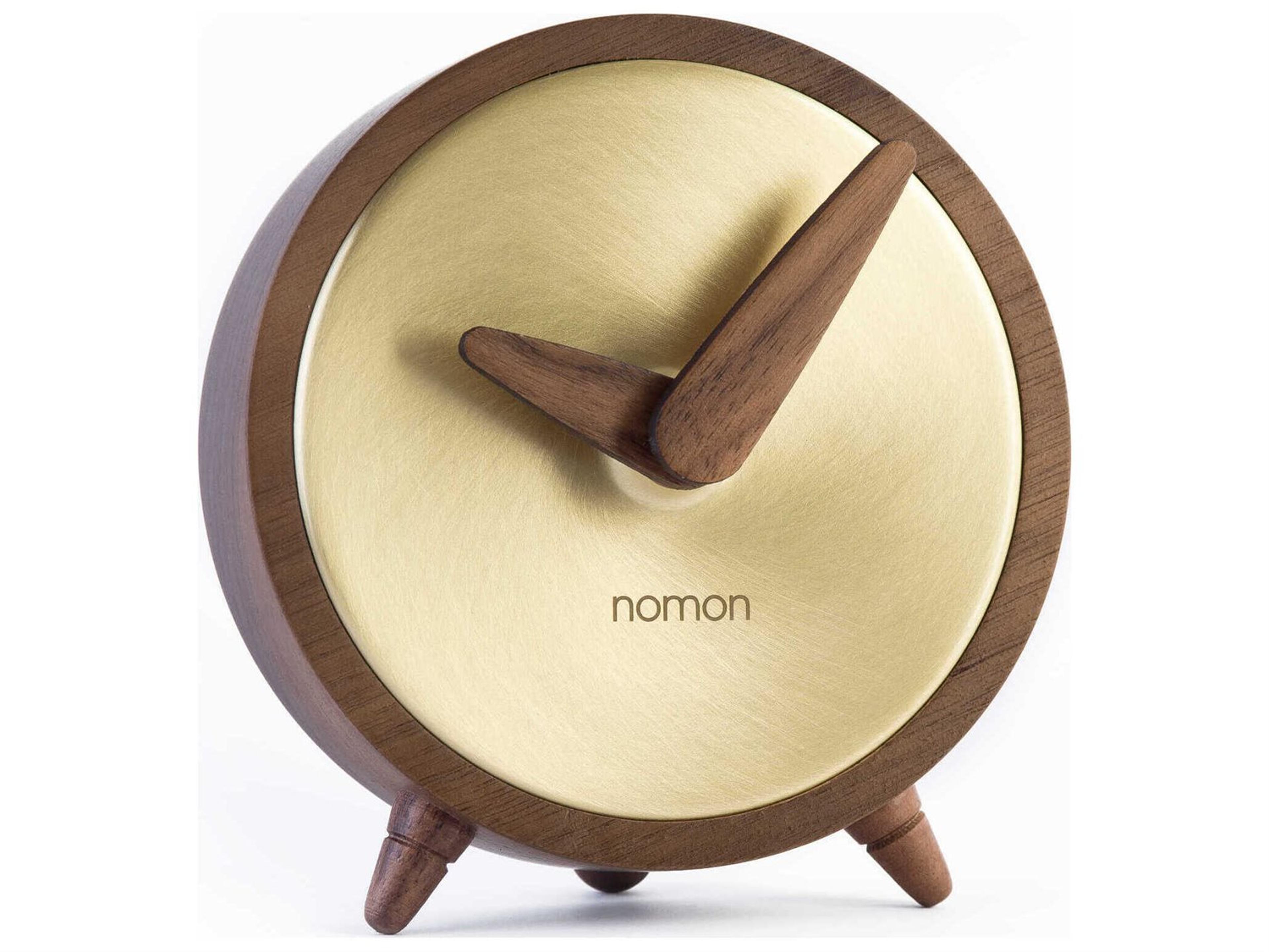 Atomo Table Clock in Walnut and Polished Brass