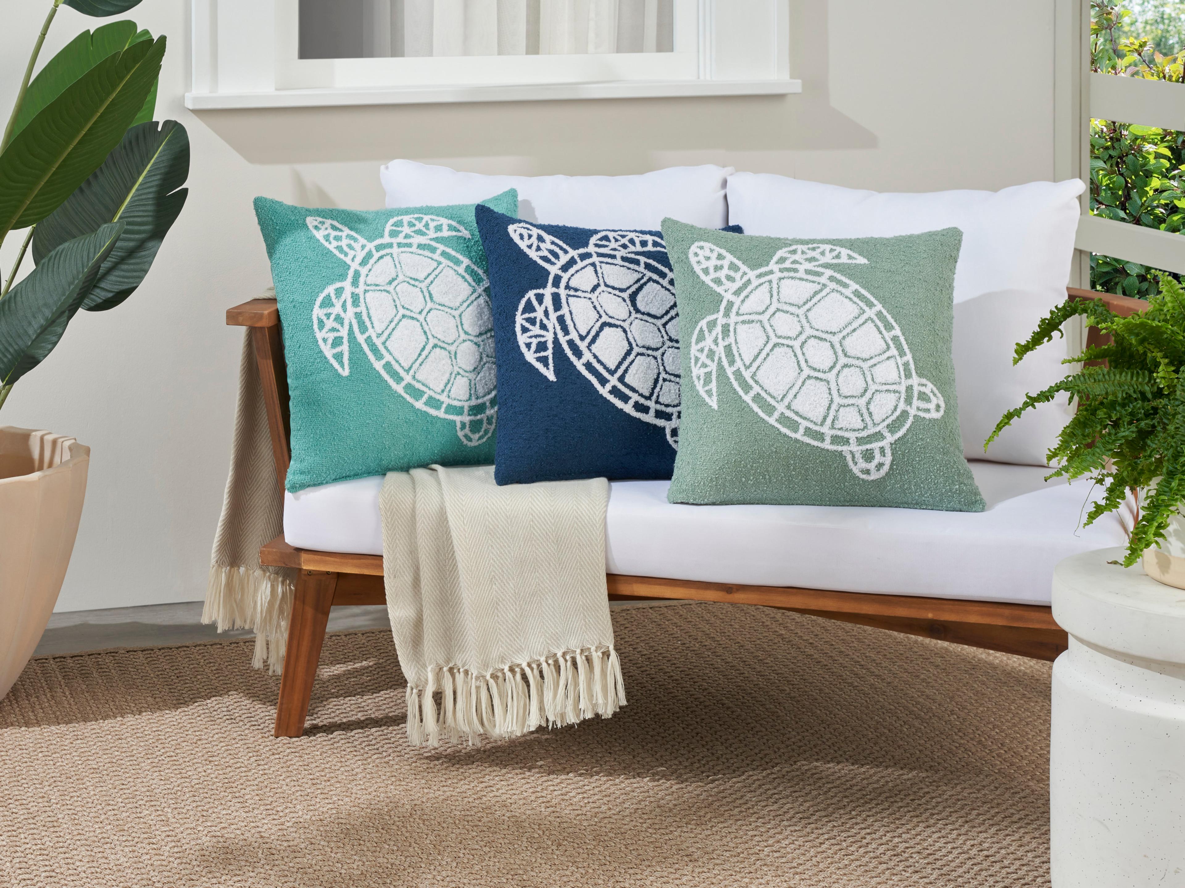 Nourison Mina Victory Outdoor Turquoise Emb Sea Turtle Pillow