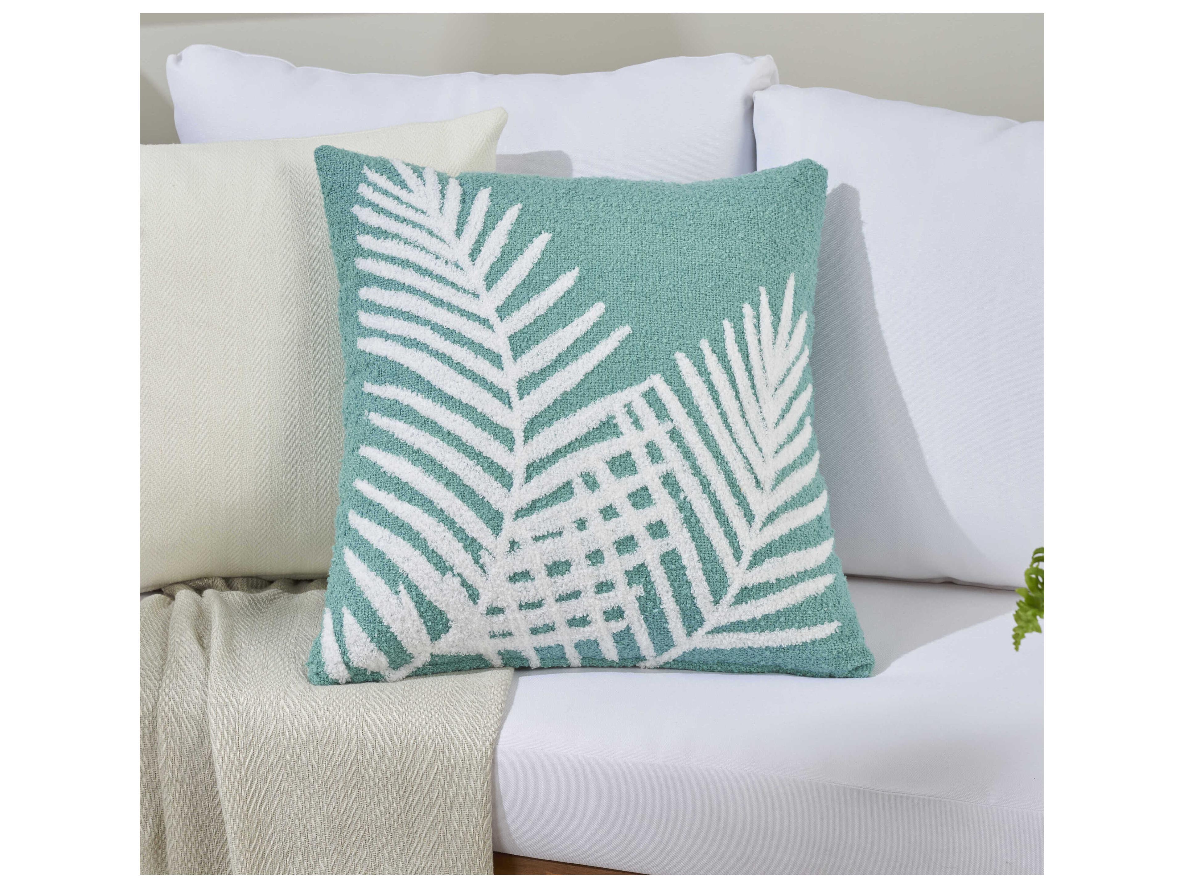 Nourison Mina Victory Outdoor Turquoise Emb Palm Leaf Pillow