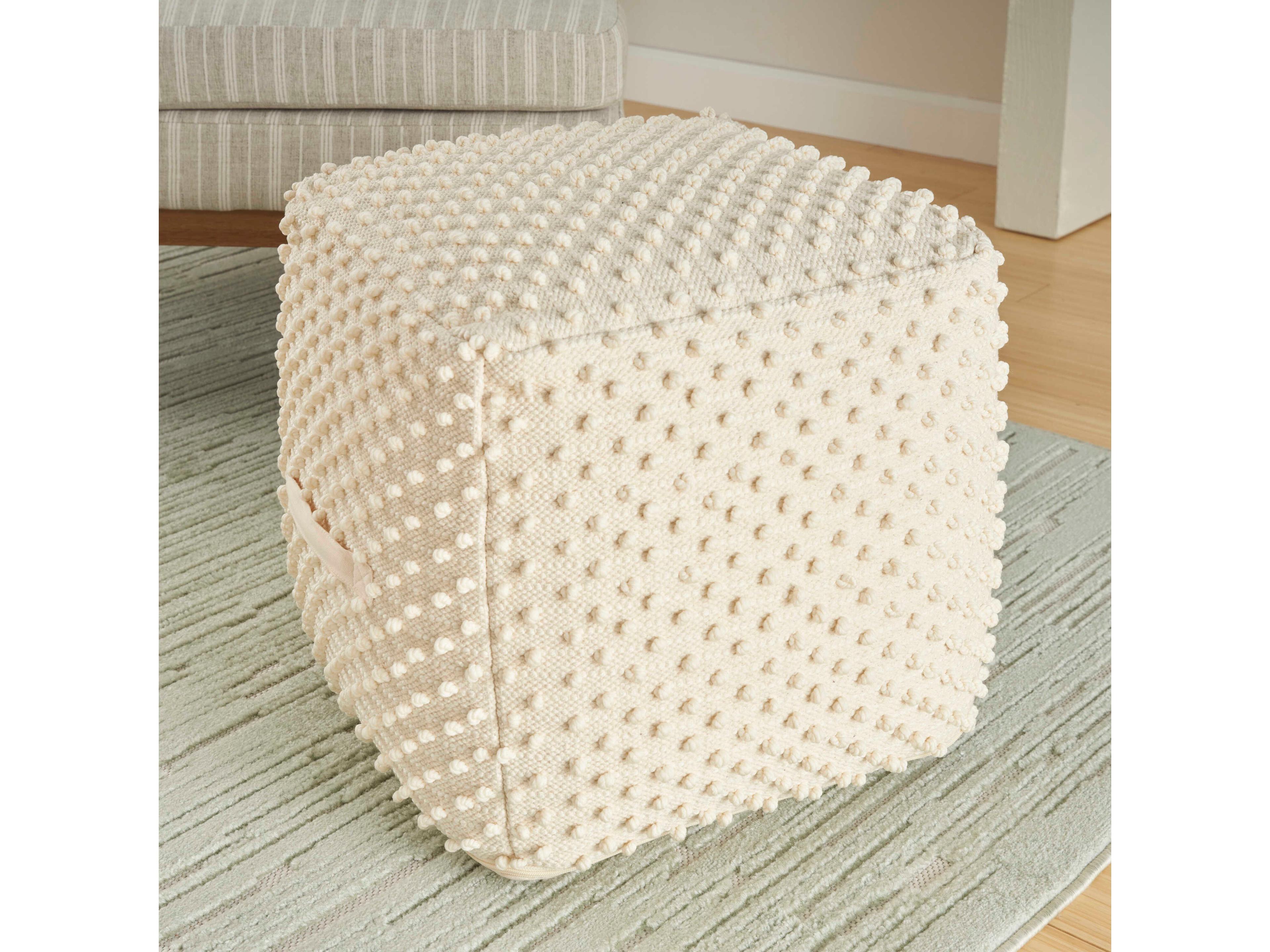 Nourison Lifestyle Loop Dots Ivory White Upholstered Pouf