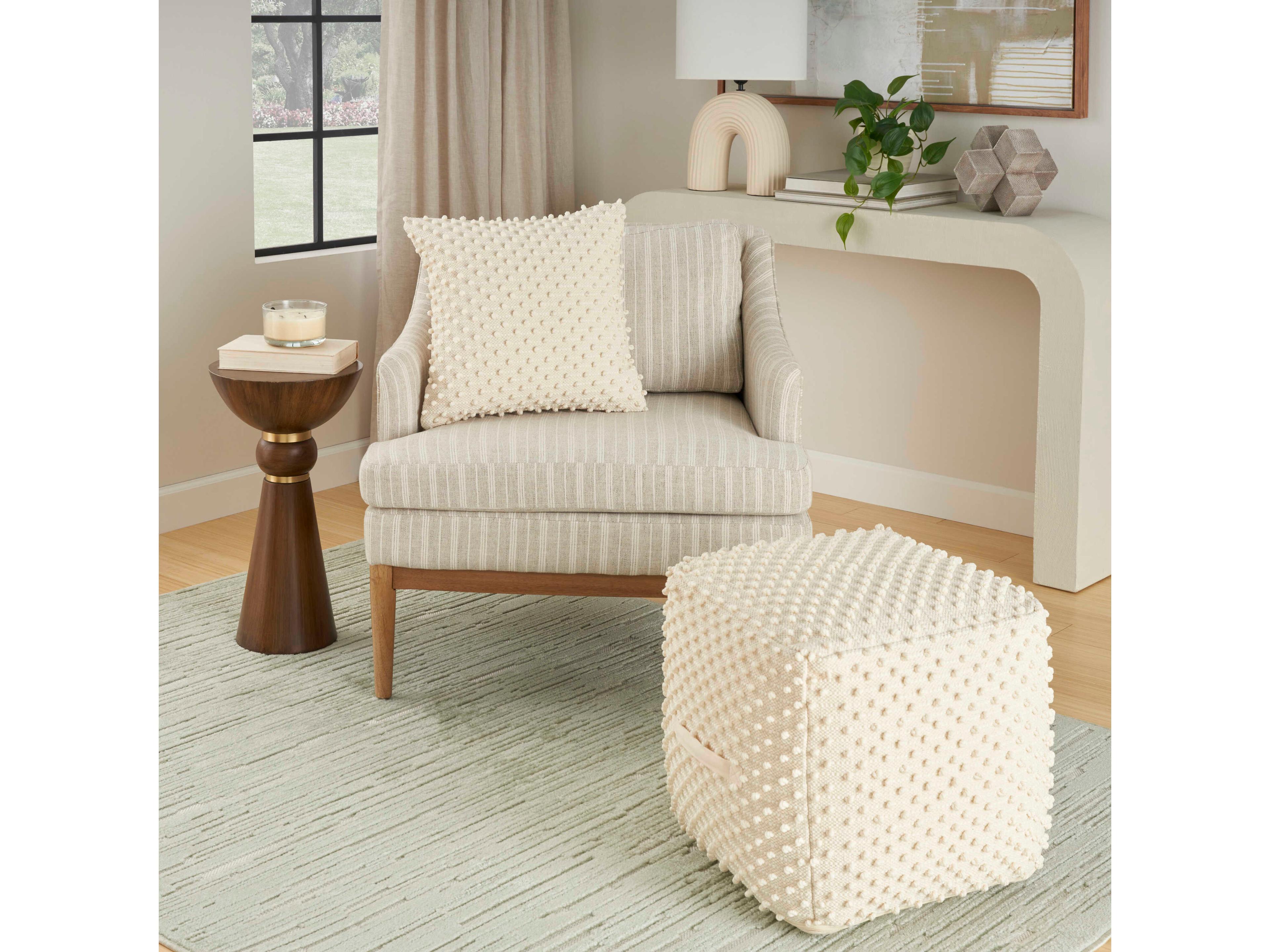 Nourison Lifestyle Loop Dots Ivory White Upholstered Pouf