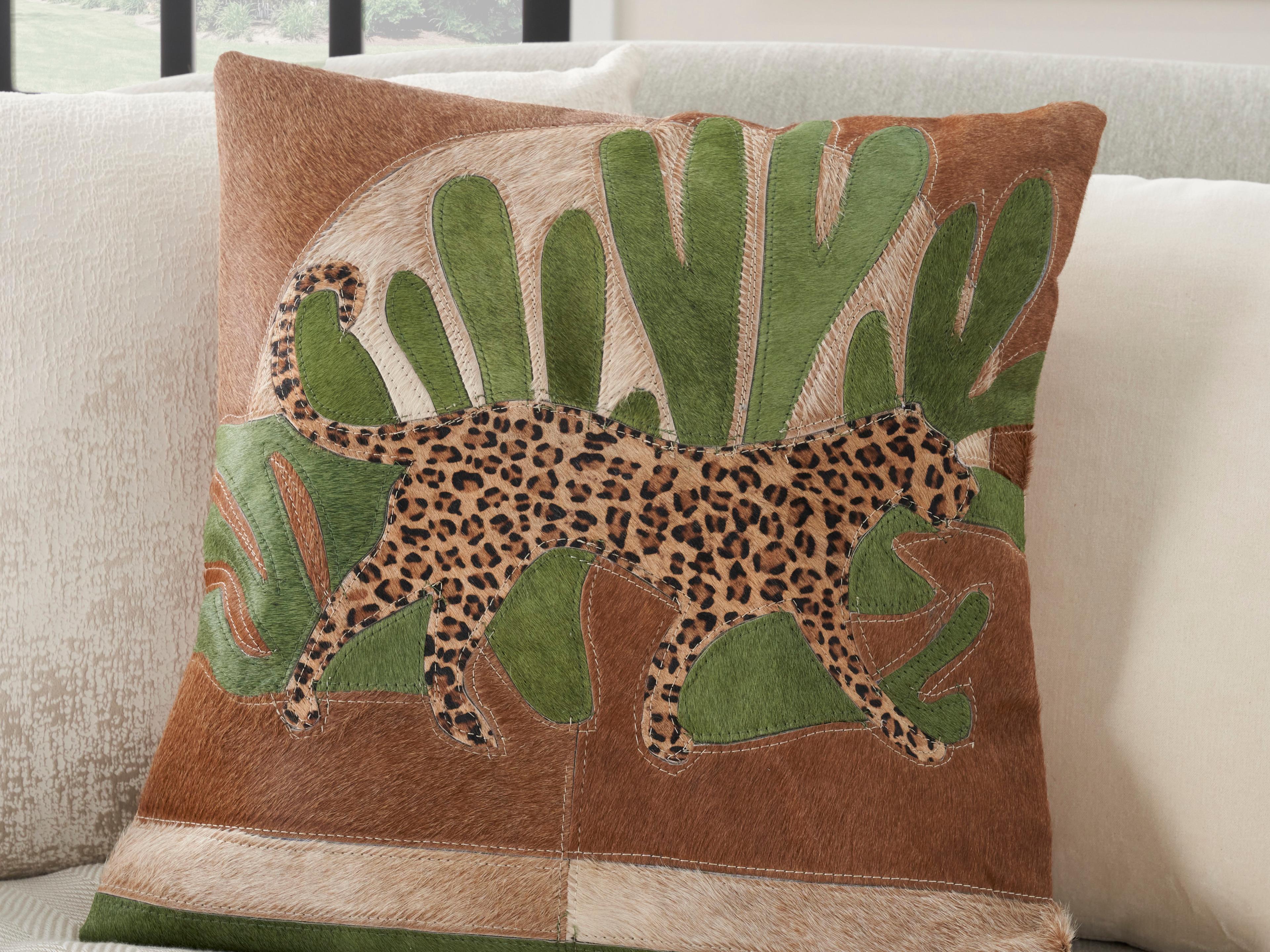 Nourison Mina Victory Natural Leather Hide Jungle Leopard 20" x 20" Pillow