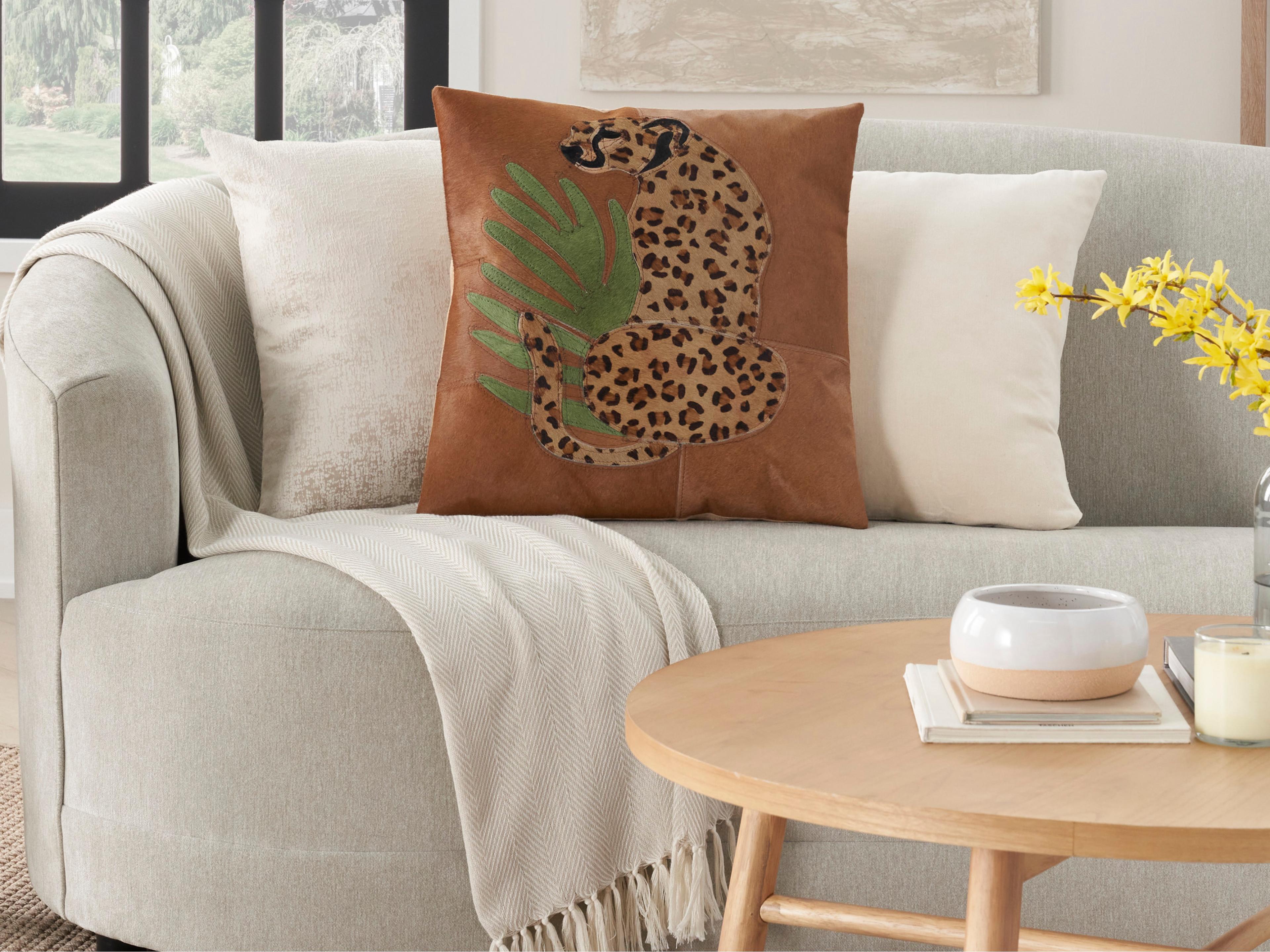 Nourison Mina Victory Natural Leather Hide Leopard 20" x 20" Pillow