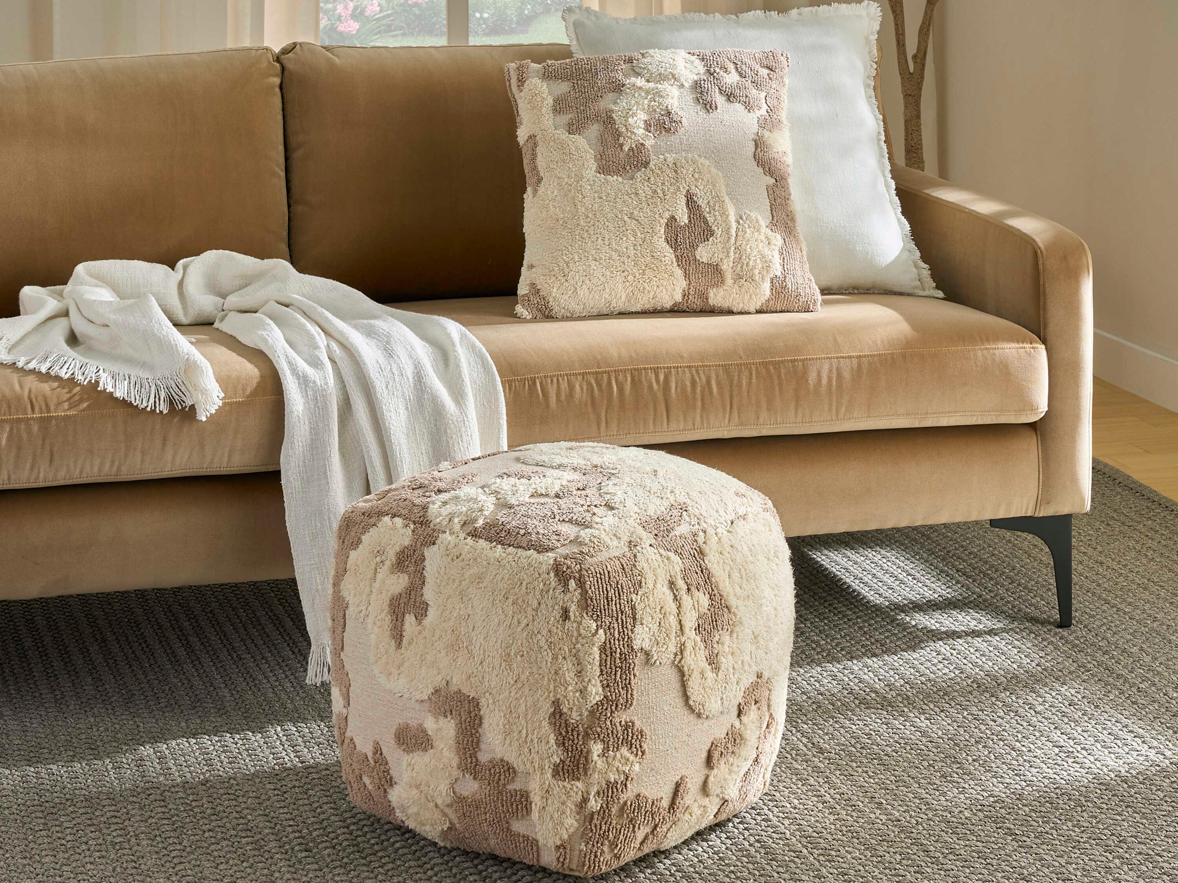Nourison Lifestyle Beige Upholstered Pouf
