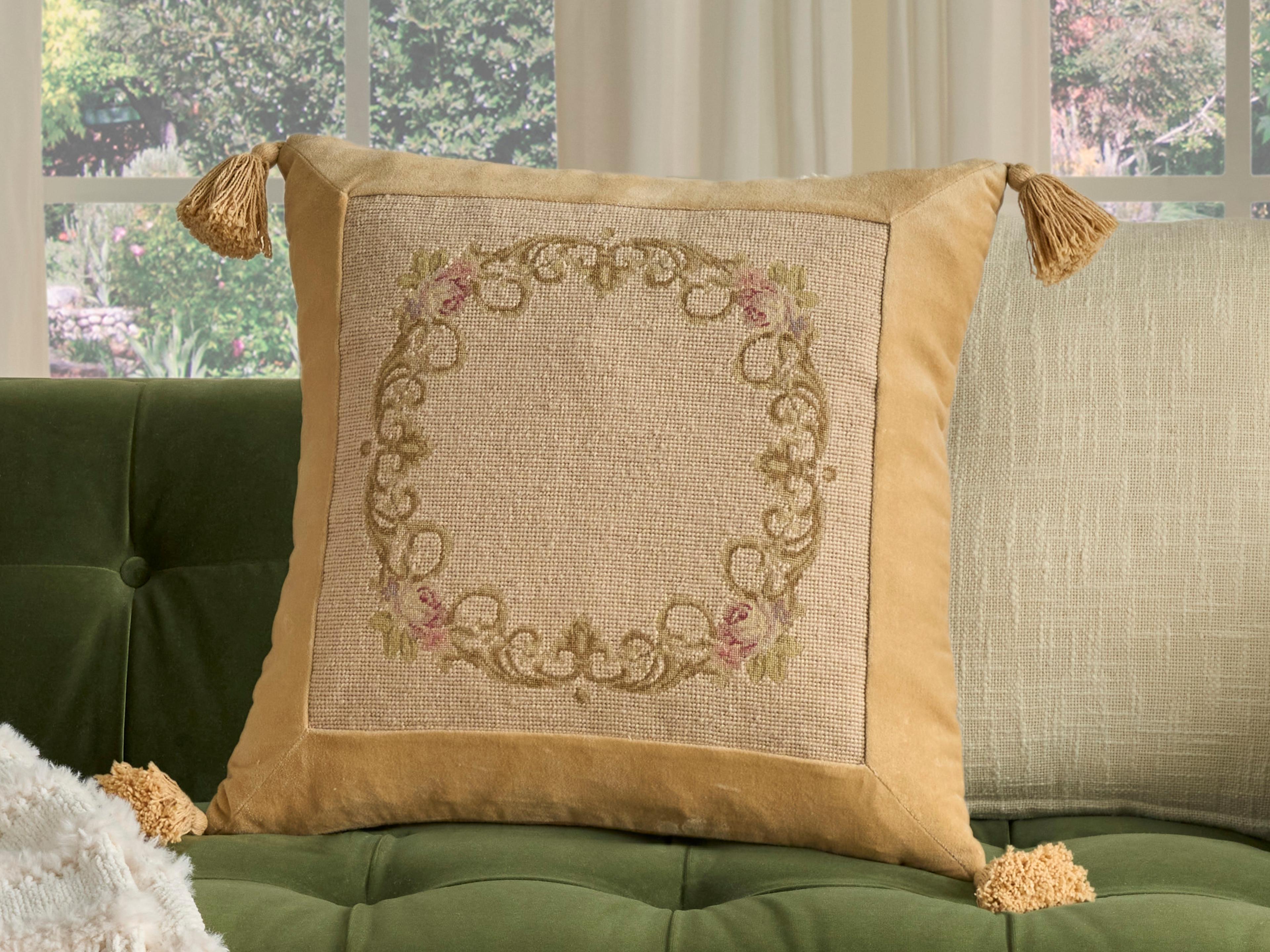 Nourison Mina Victory Vintage Floral Border 20" x 20" Beige Pillow