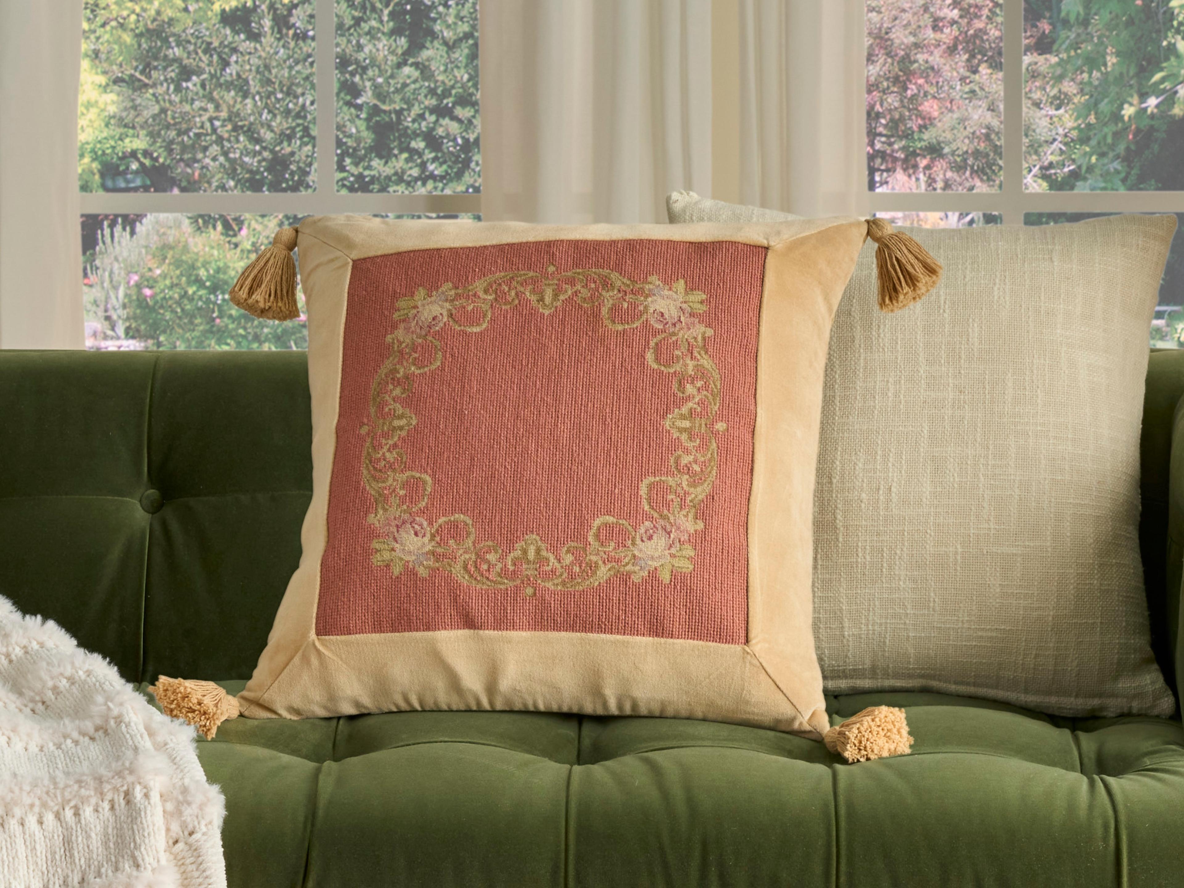 Nourison Mina Victory Vintage Floral Border 20" x 20" Coral Pillow