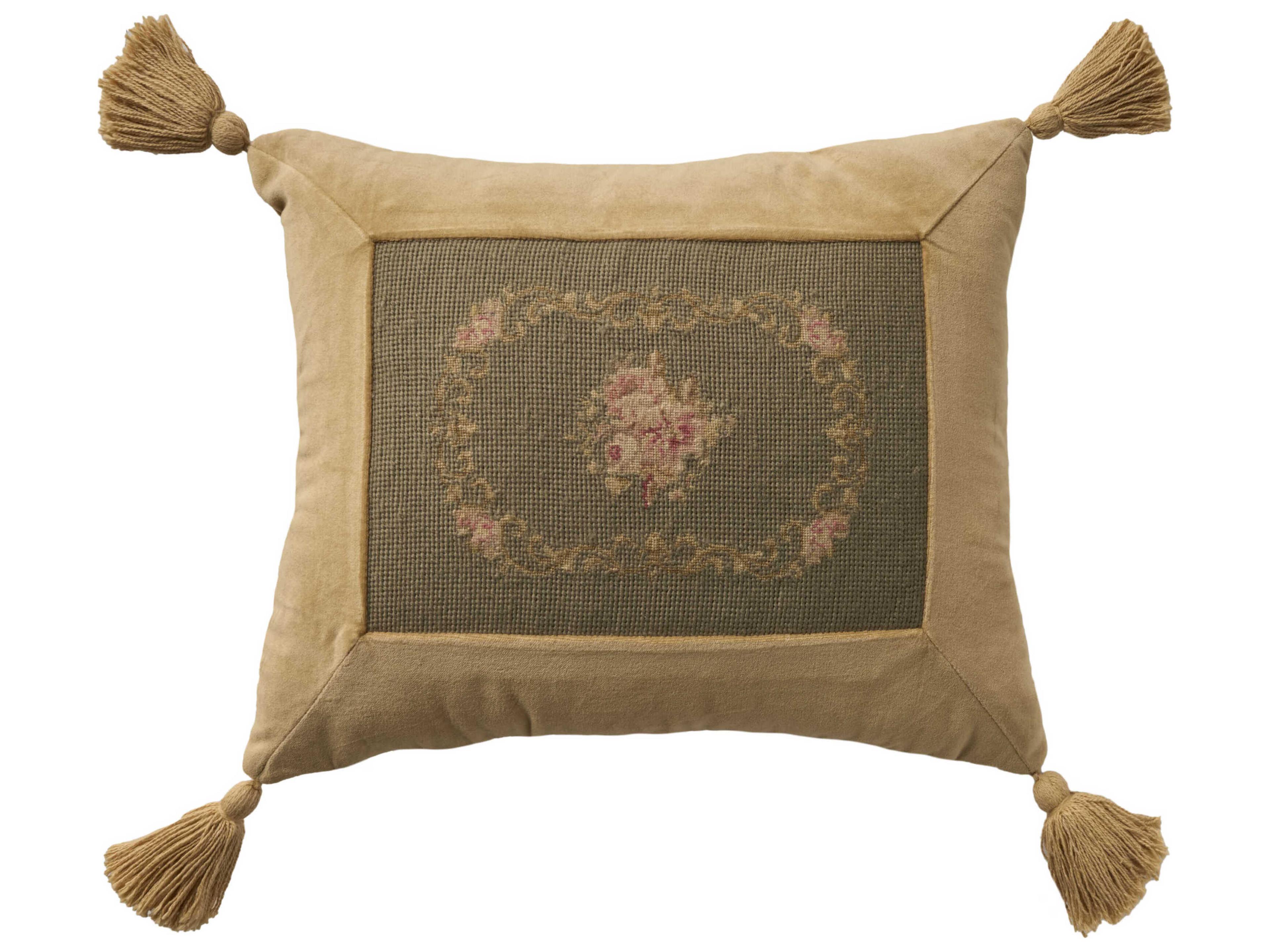 Mina Victory Vintage Oval Floral Border 14" x 18" Sage Pillow