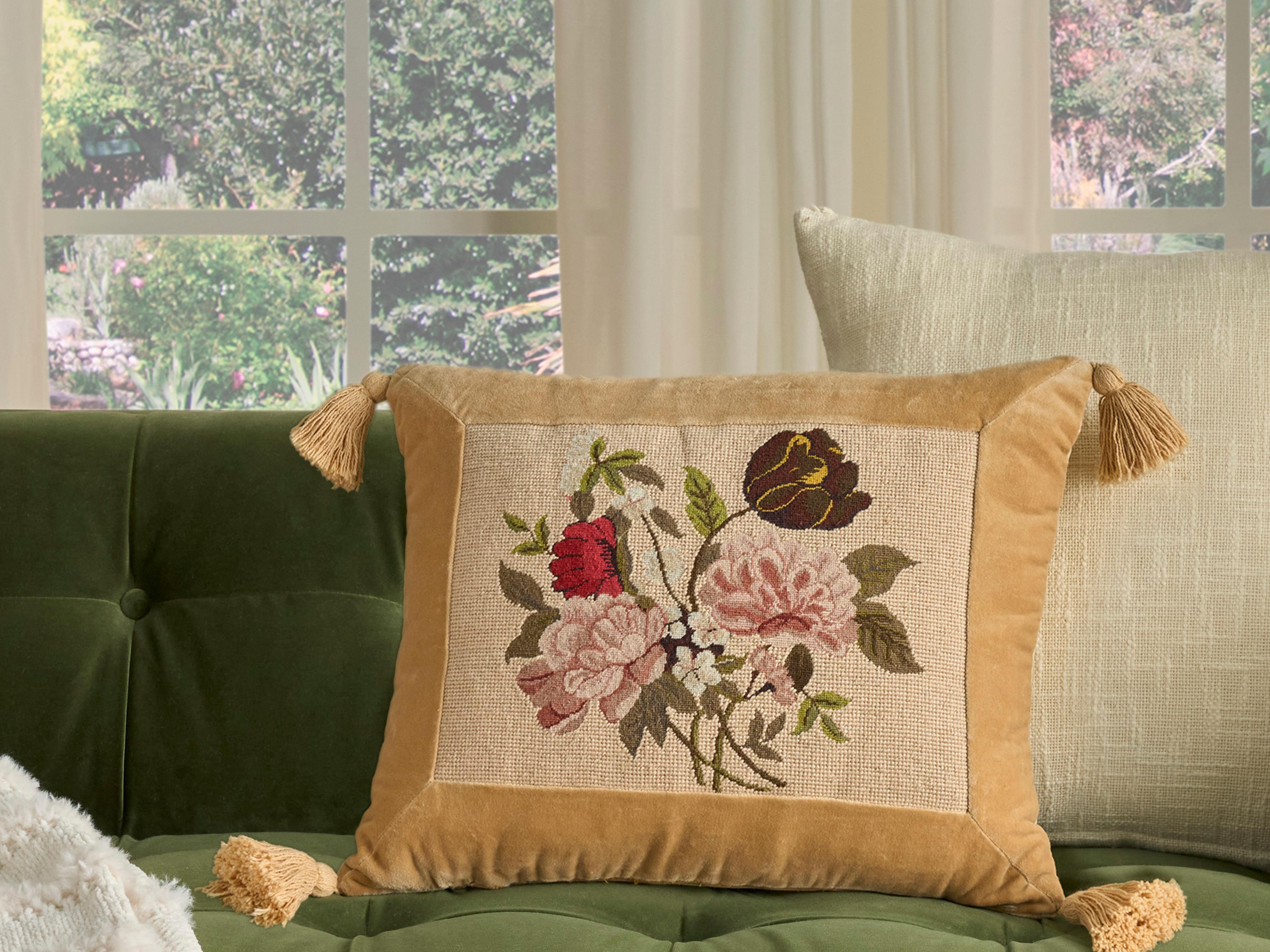 Nourison Mina Victory Vintage Pink Flowers 16" x 20" Beige Pillow