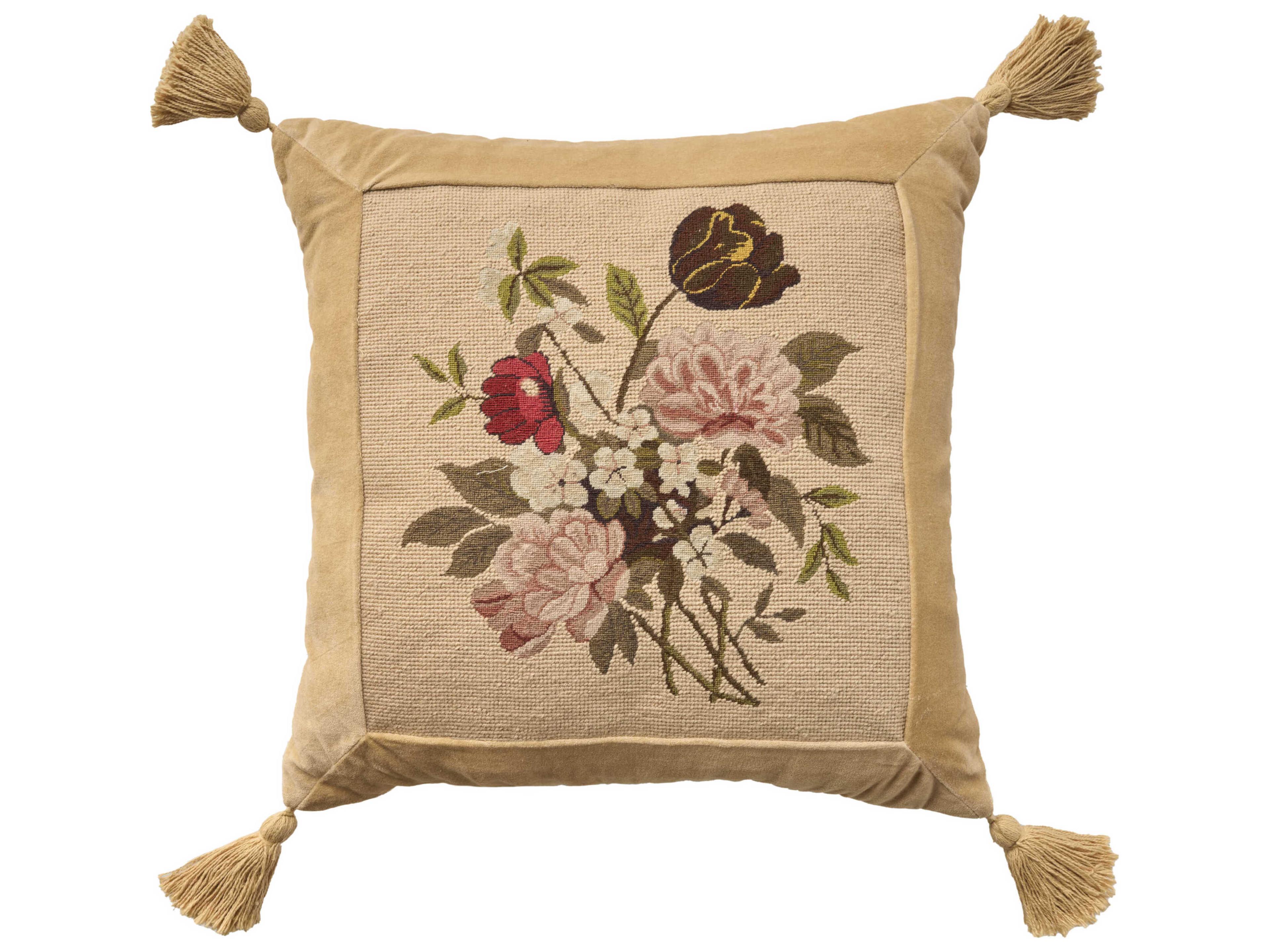 Mina Victory Vintage Pink Flowers 20" x 20" Beige Pillow