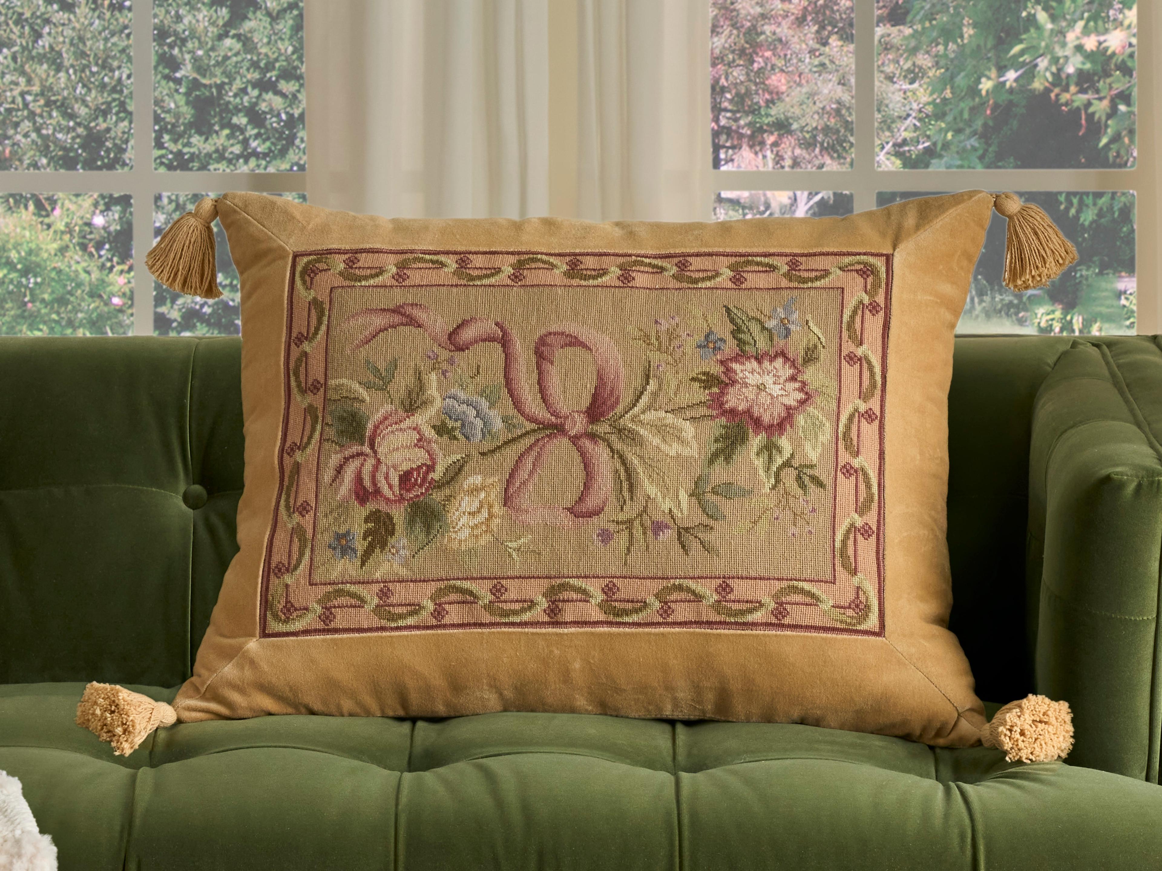 Nourison Mina Victory Vintage Floral Ribbon 19" x 25" Taupe Pillow