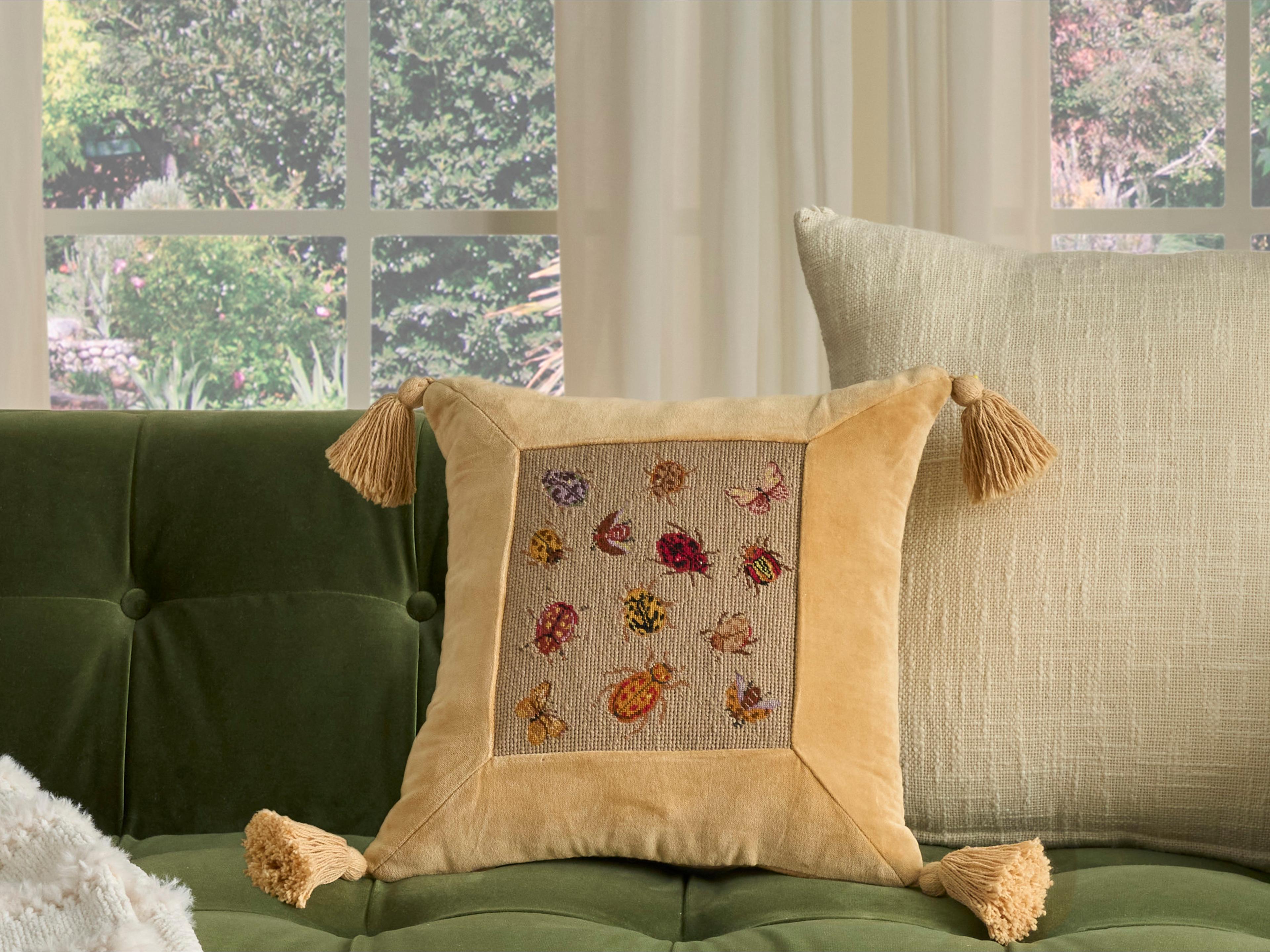 Nourison Mina Victory Vintage Insects 15" x 15" Beige Pillow
