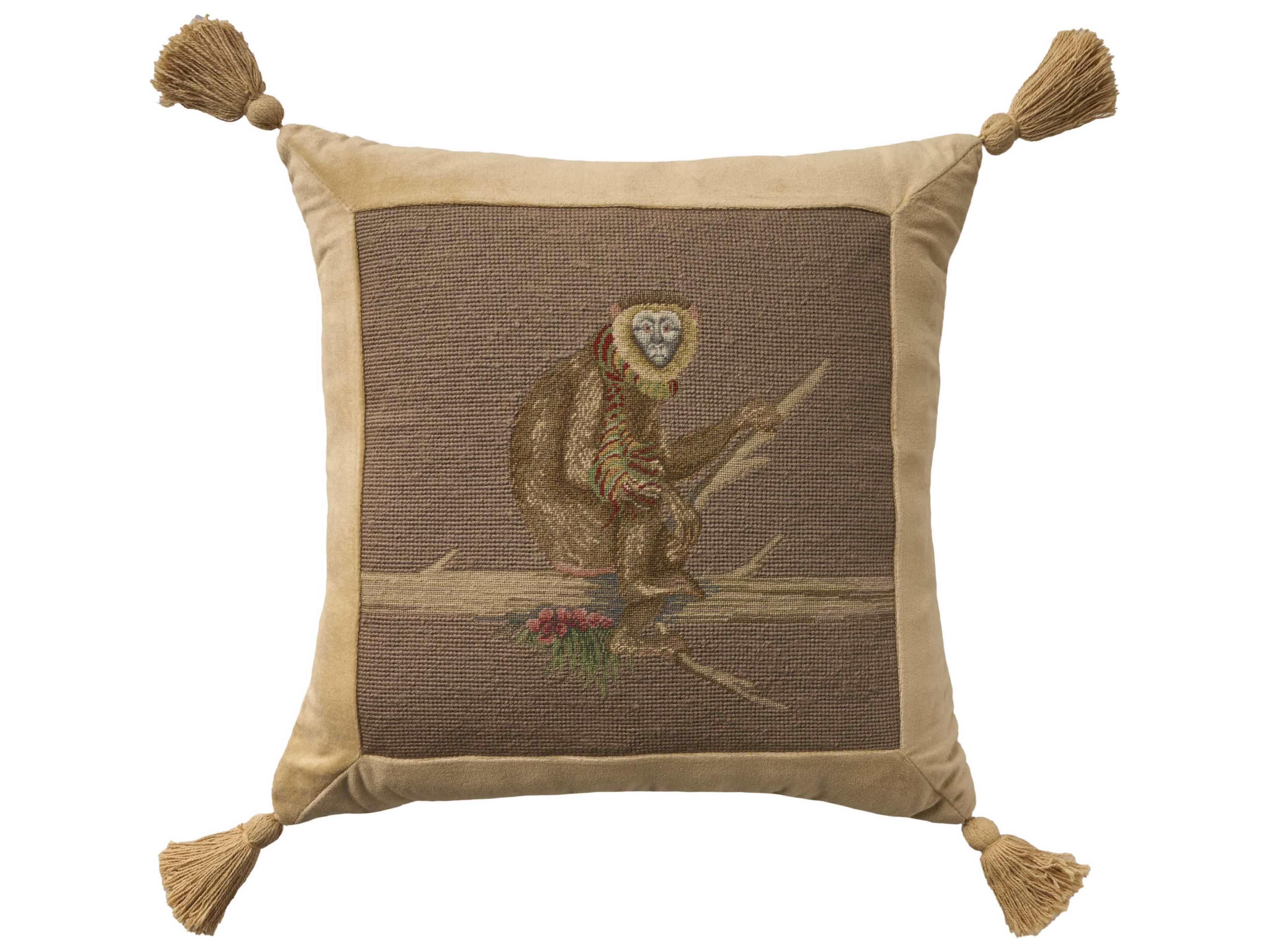 Mina Victory Vintage Monkey On Branch 19" x 19" Taupe Pillow