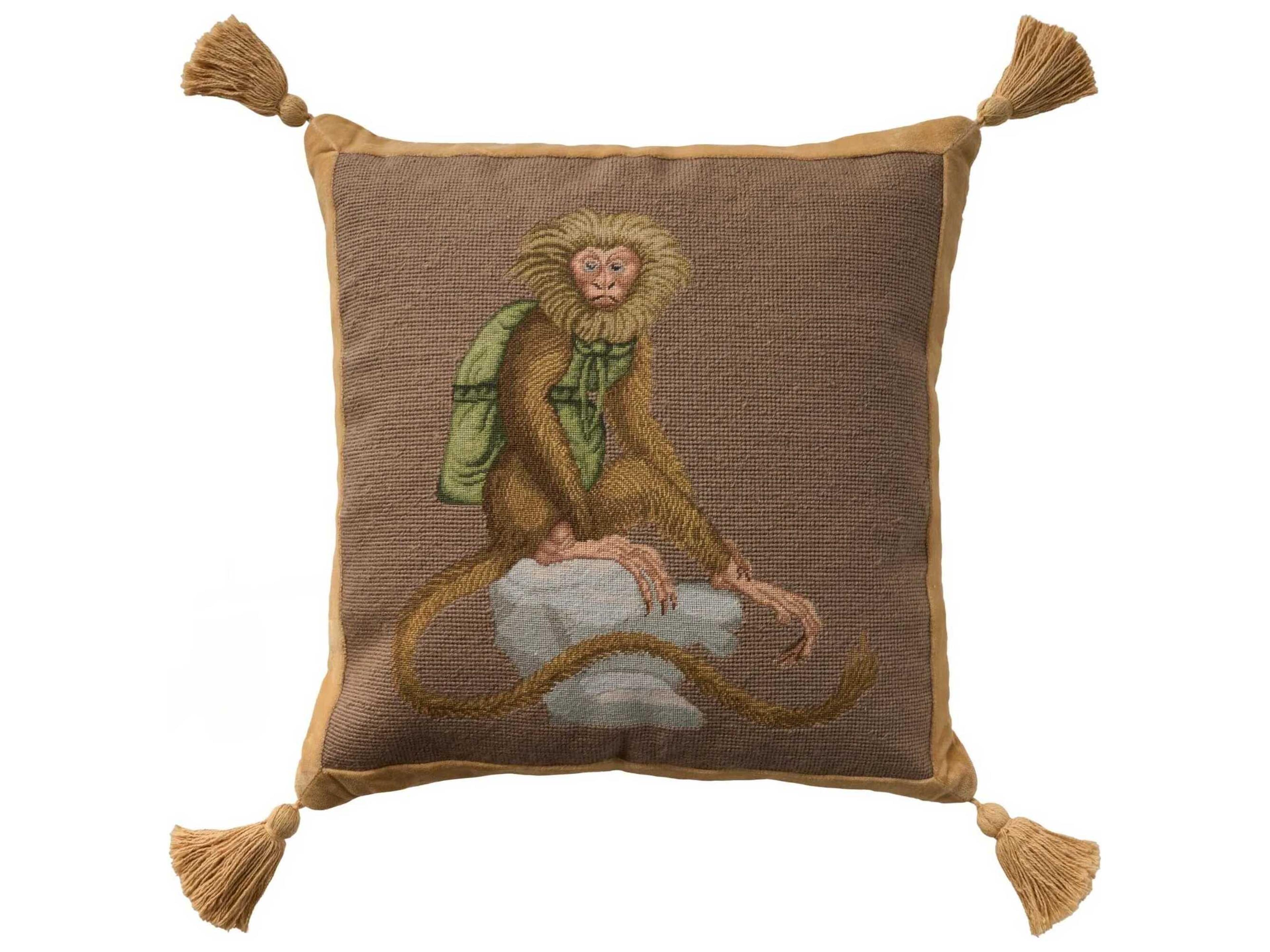 Nourison Mina Victory Vintage Monkey On Stone 19" x 19" Taupe Pillow