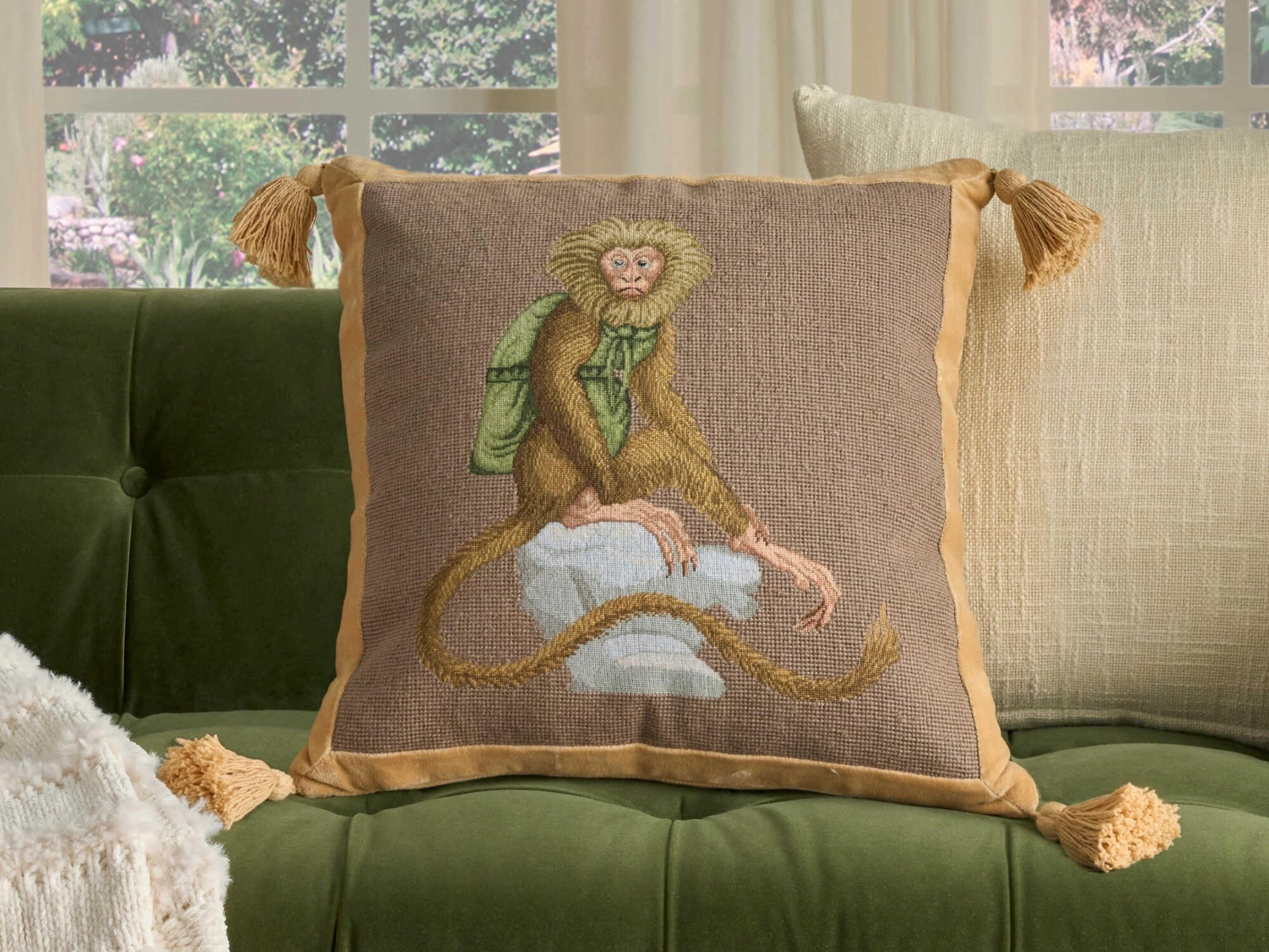 Nourison Mina Victory Vintage Monkey On Stone 19" x 19" Taupe Pillow