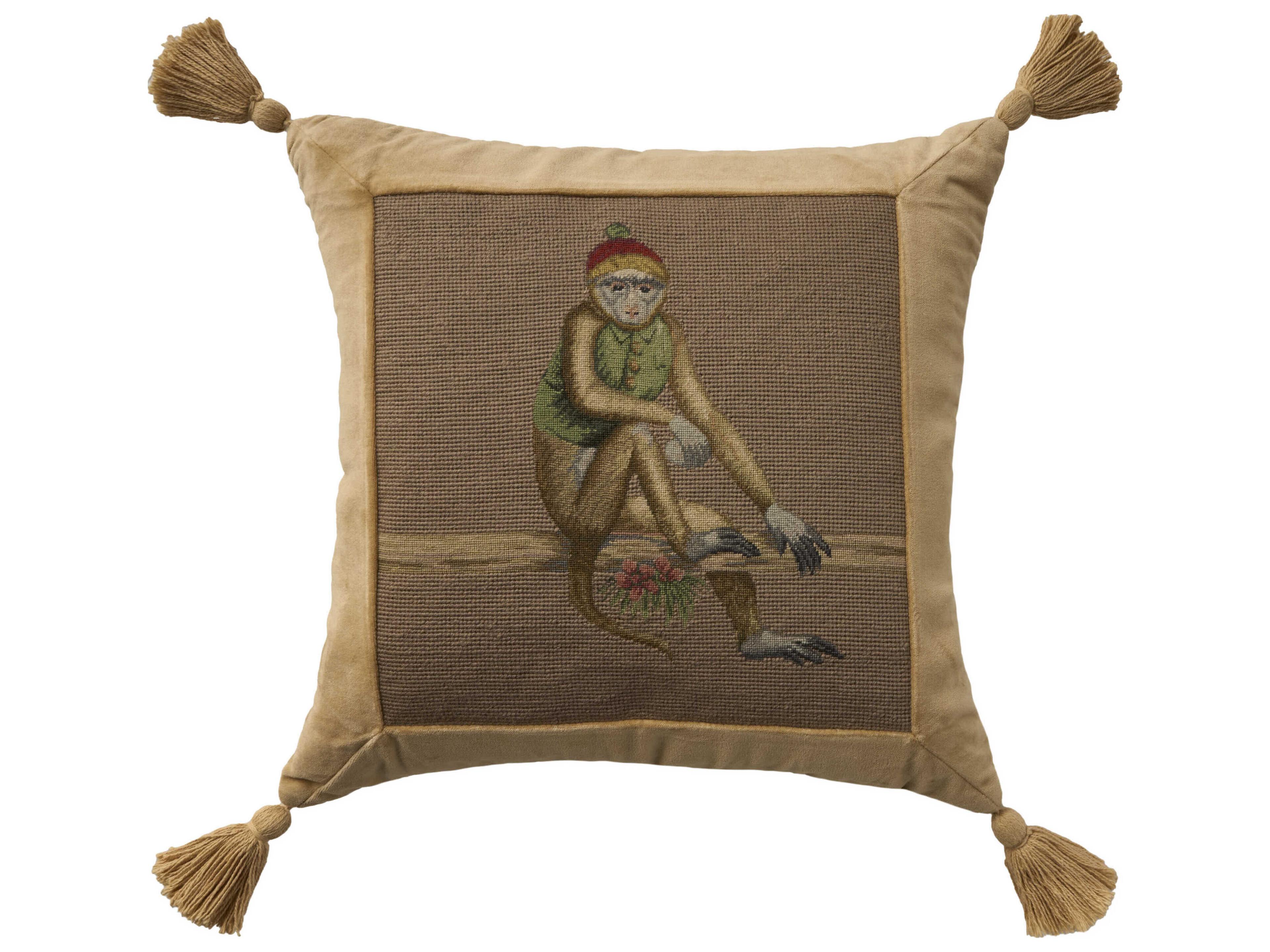 Mina Victory Vintage Red Hat Monkey 19" x 19" Taupe Pillow