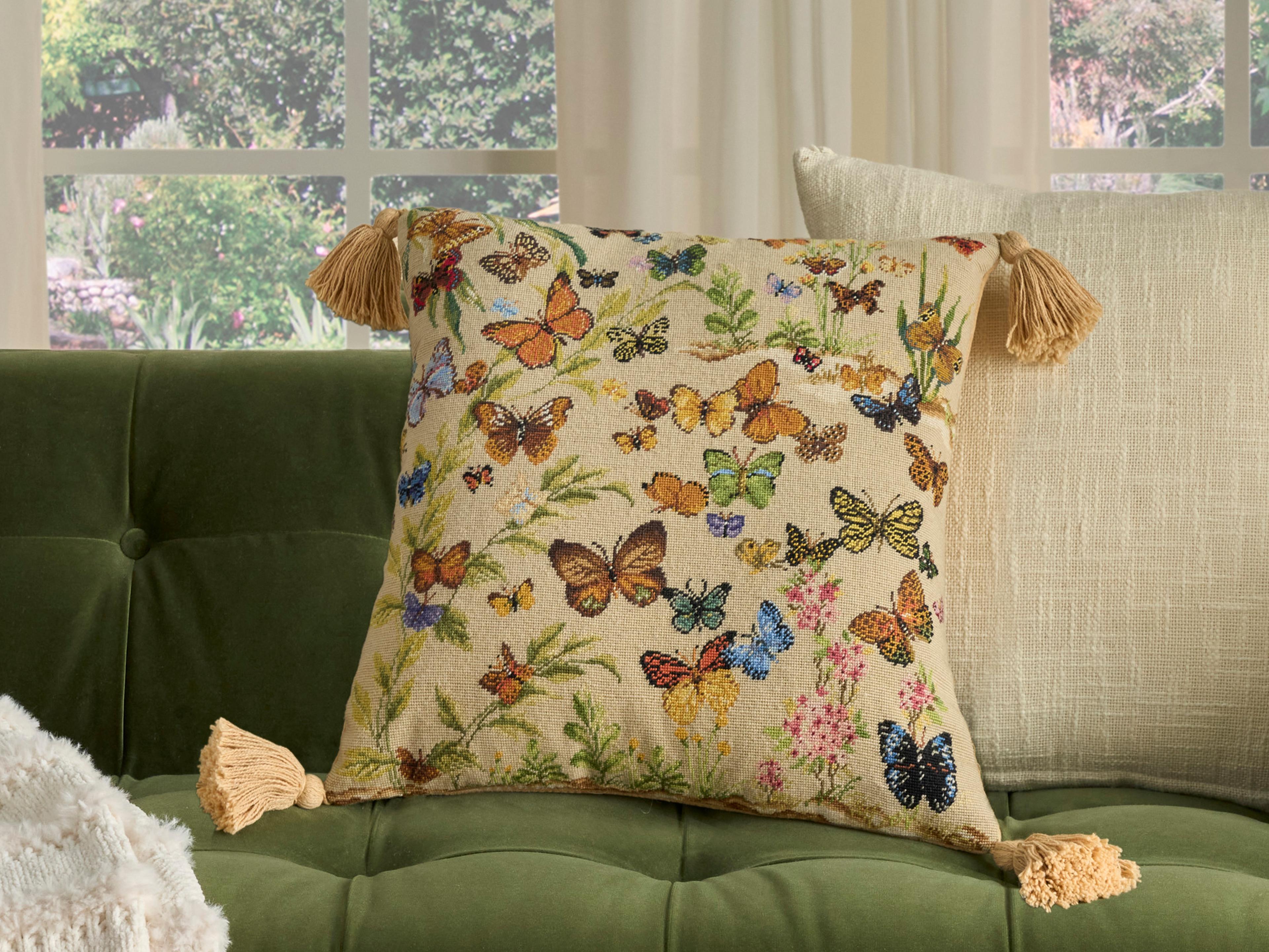 Nourison Mina Victory Vintage Butterflies 18" x 18" Beige Pillow