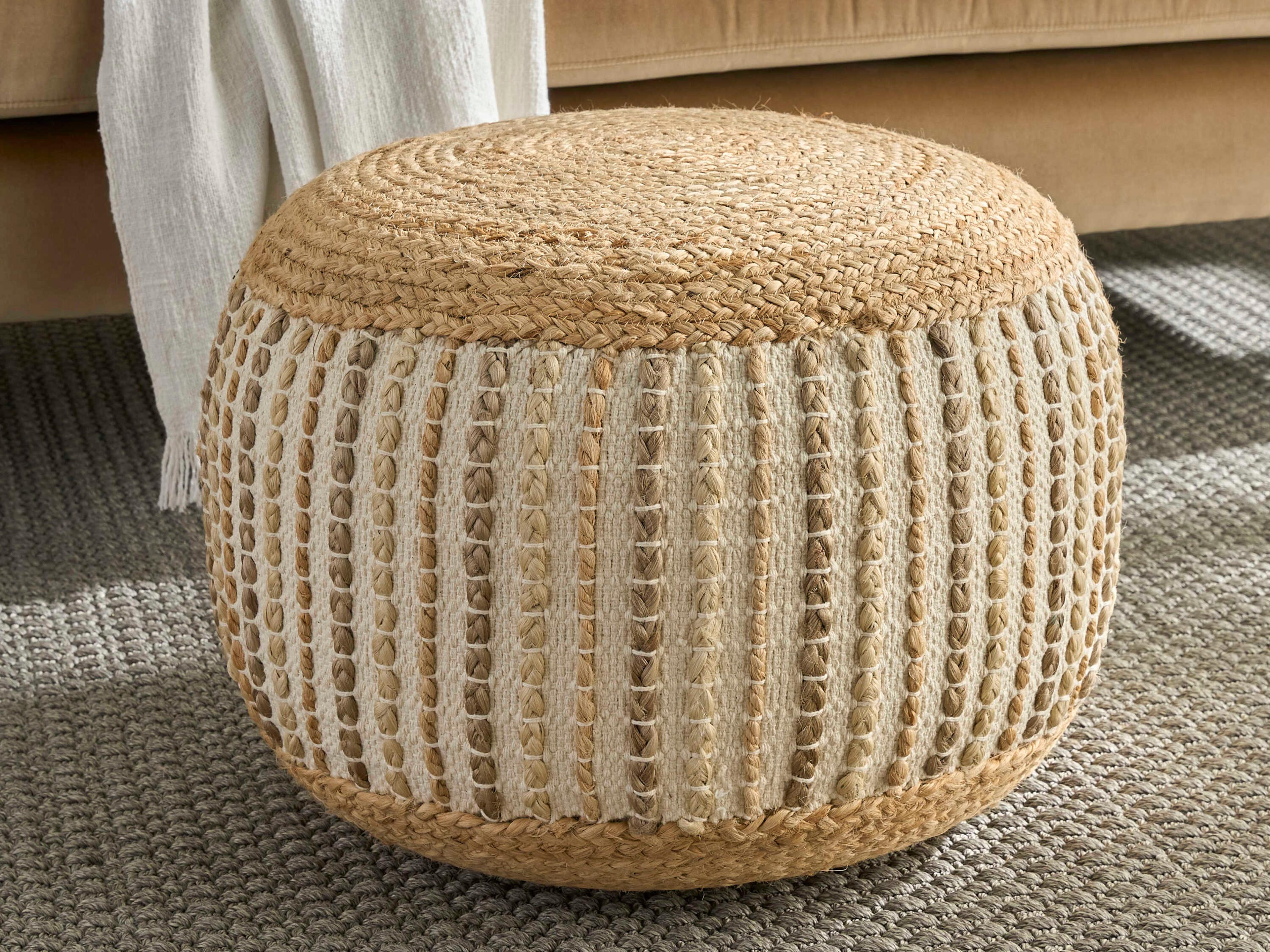 Nourison Lifestyle Jute Braids Ivory Beige Upholstered Pouf