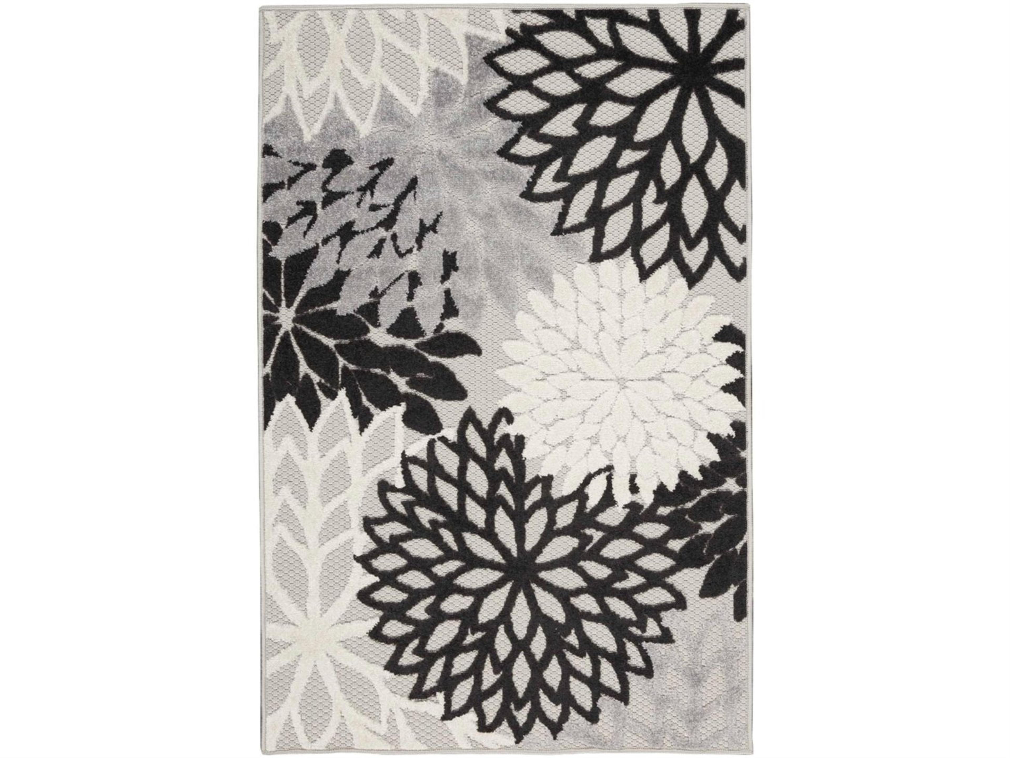 Aloha Indoor Outdoor Floral Area Rug Black White