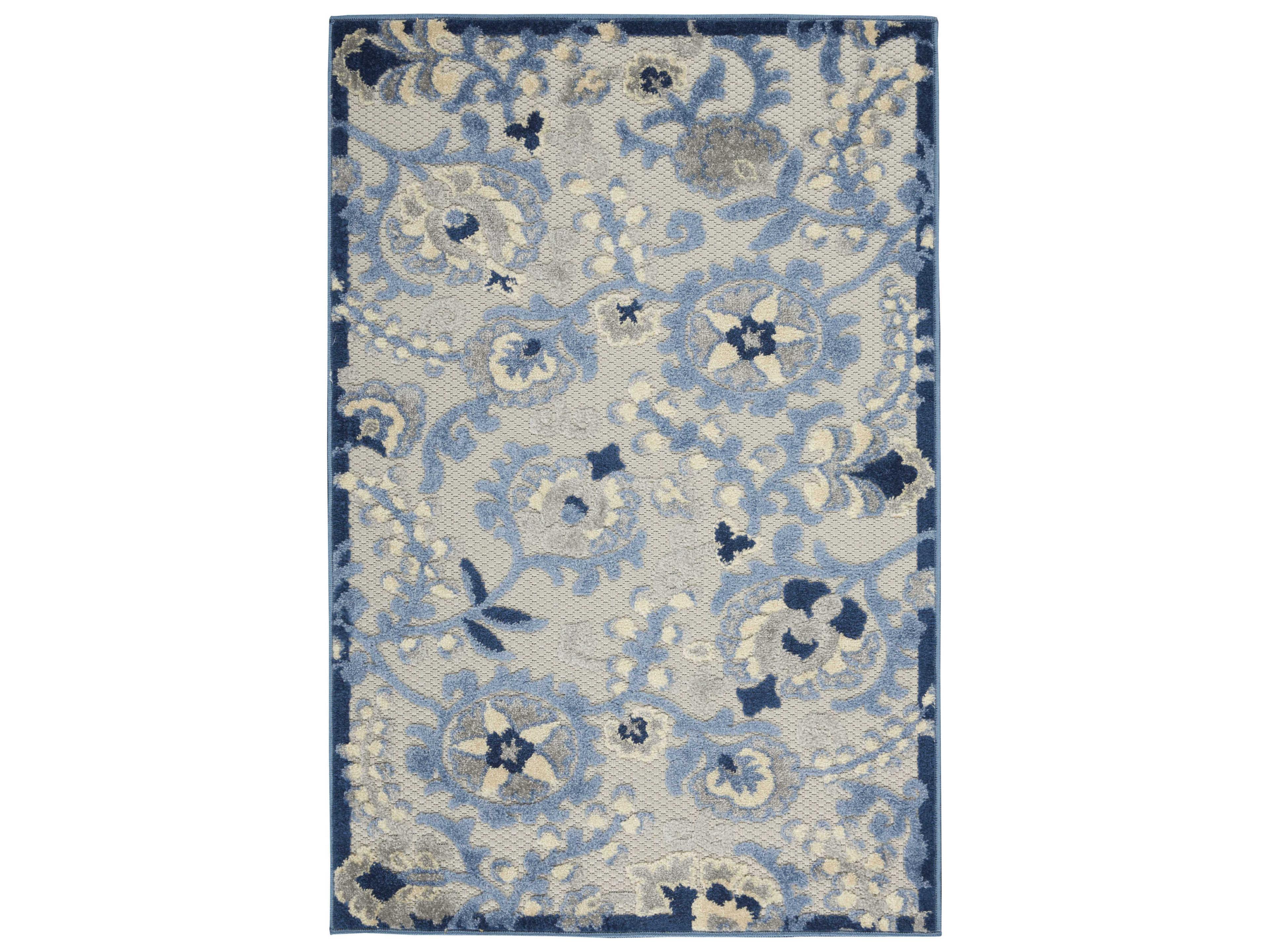 Aloha Floral Blue and Grey Indoor Outdoor Area Rug
