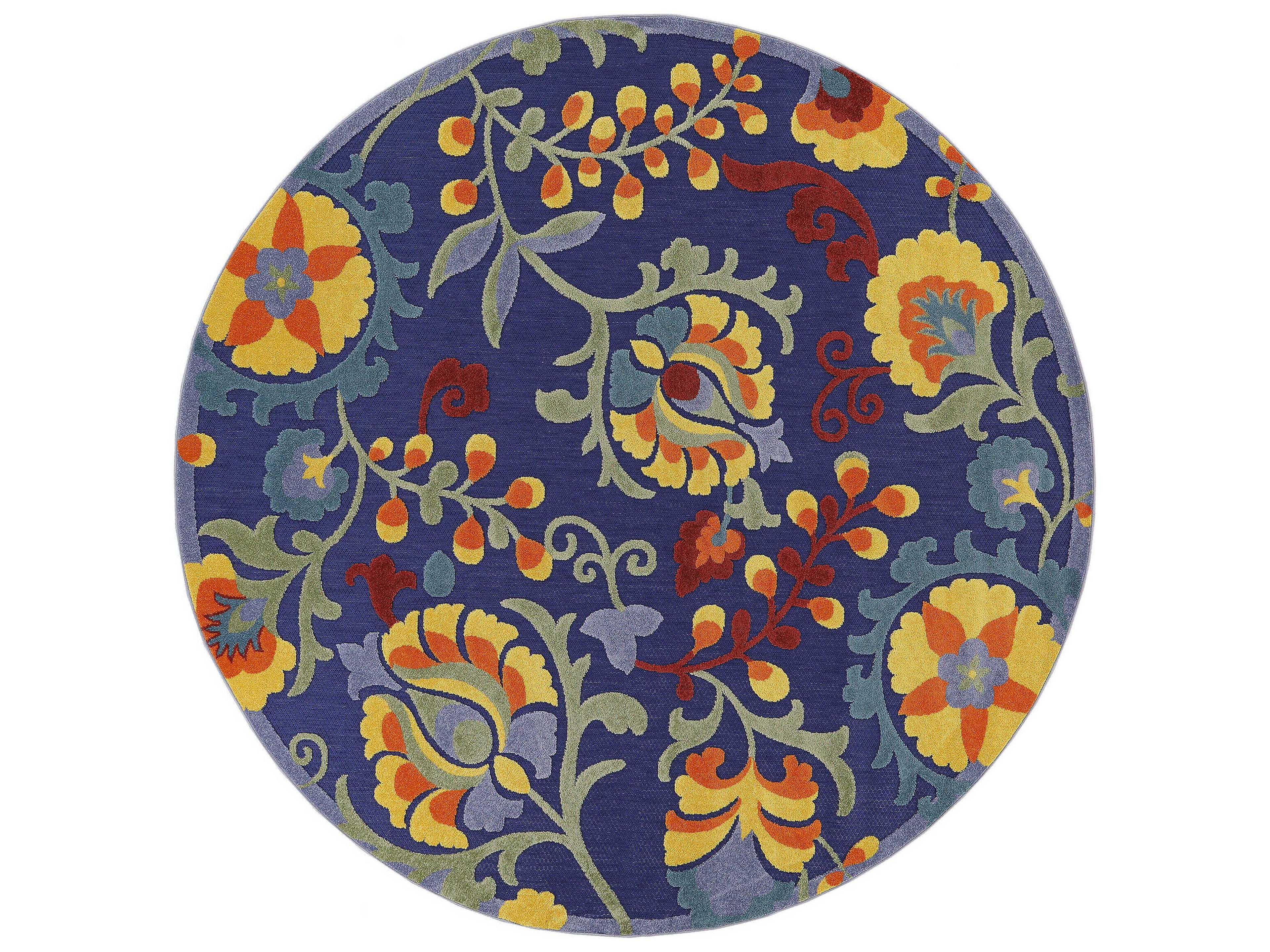 Aloha Round Rug Navy Multicolor Floral Indoor Outdoor