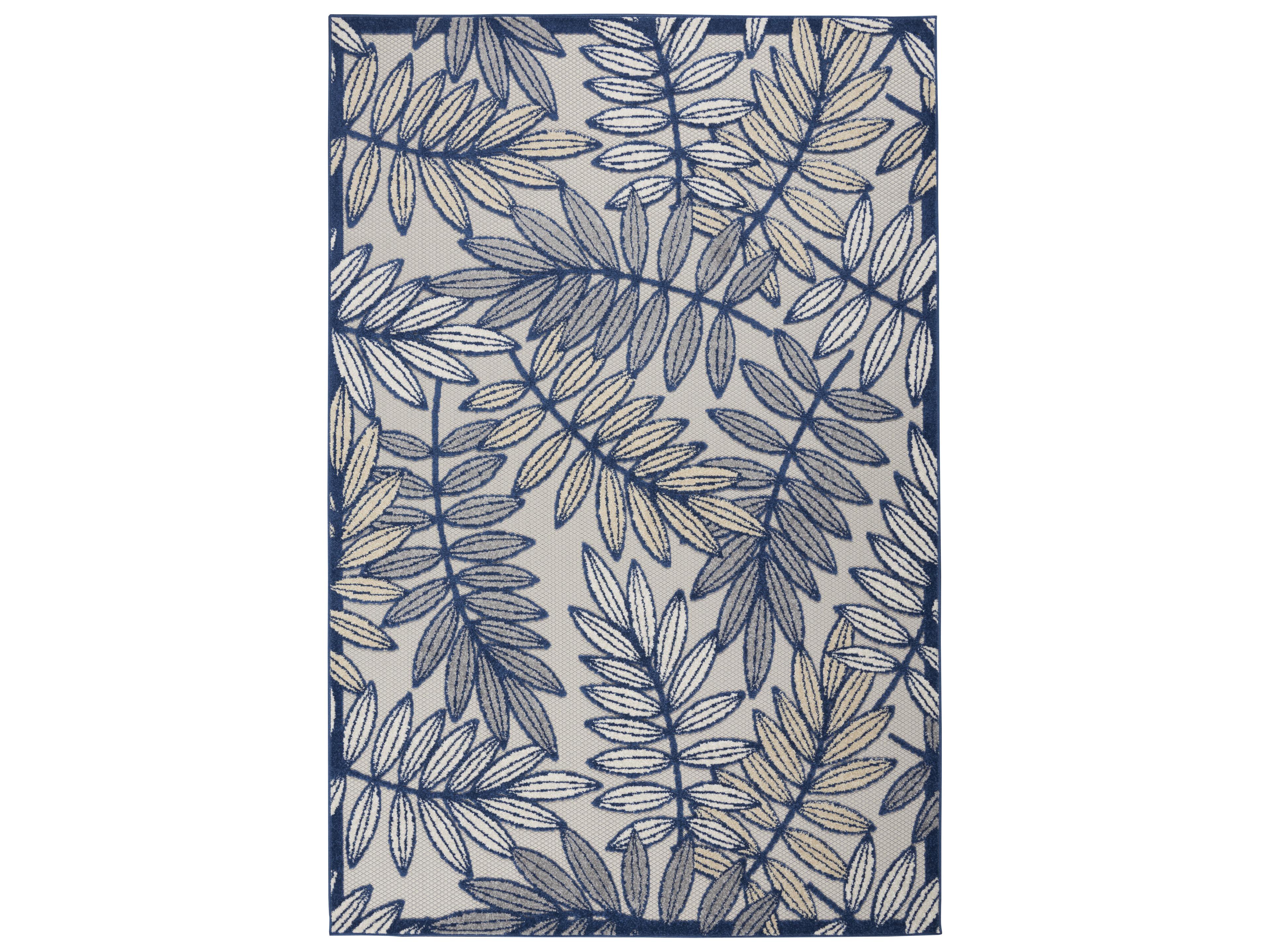 Aloha Indoor Outdoor Rug Tropical Leaf Ivory Navy