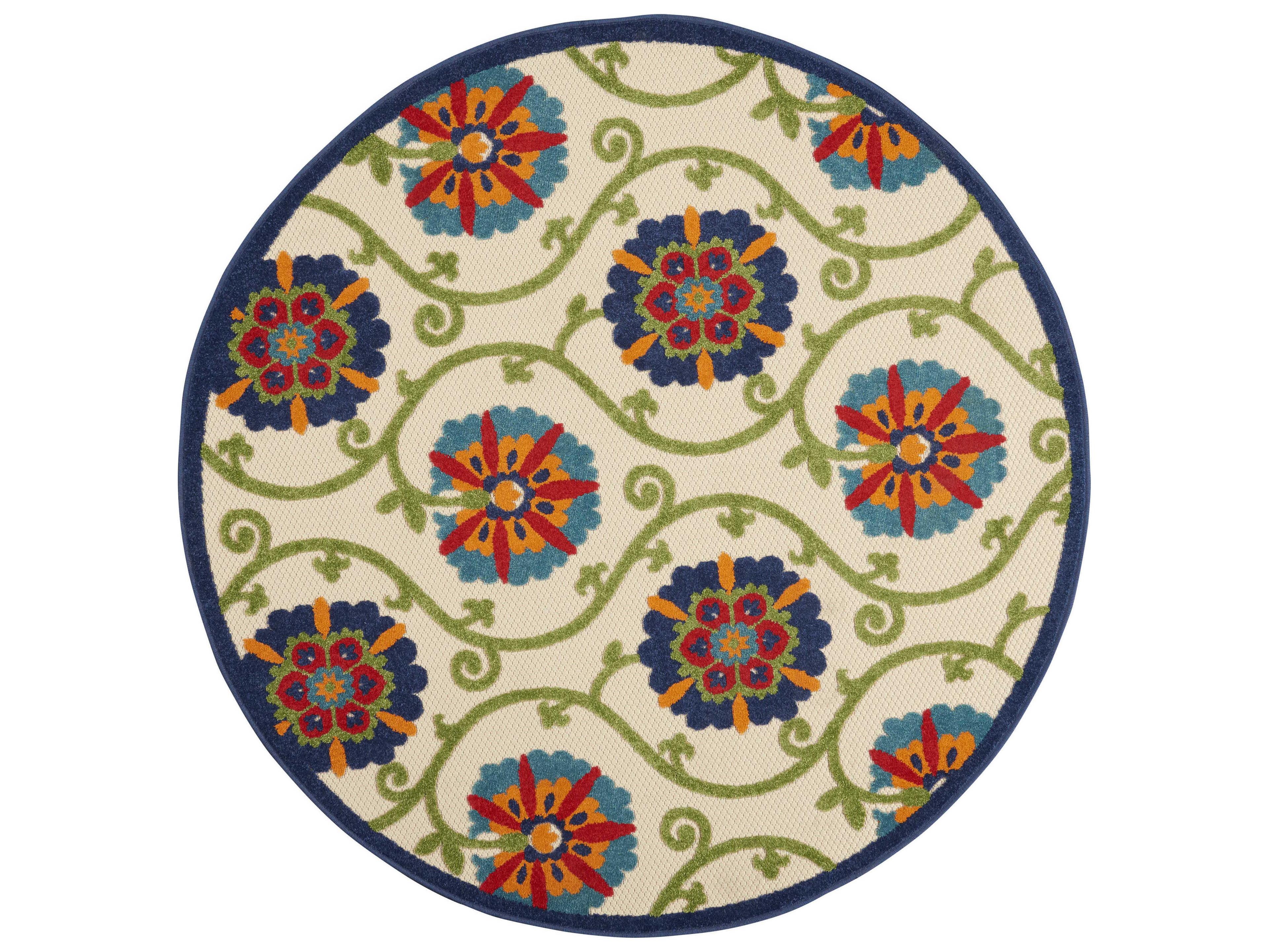 Aloha Round Rug Blue Multicolor Floral Indoor Outdoor