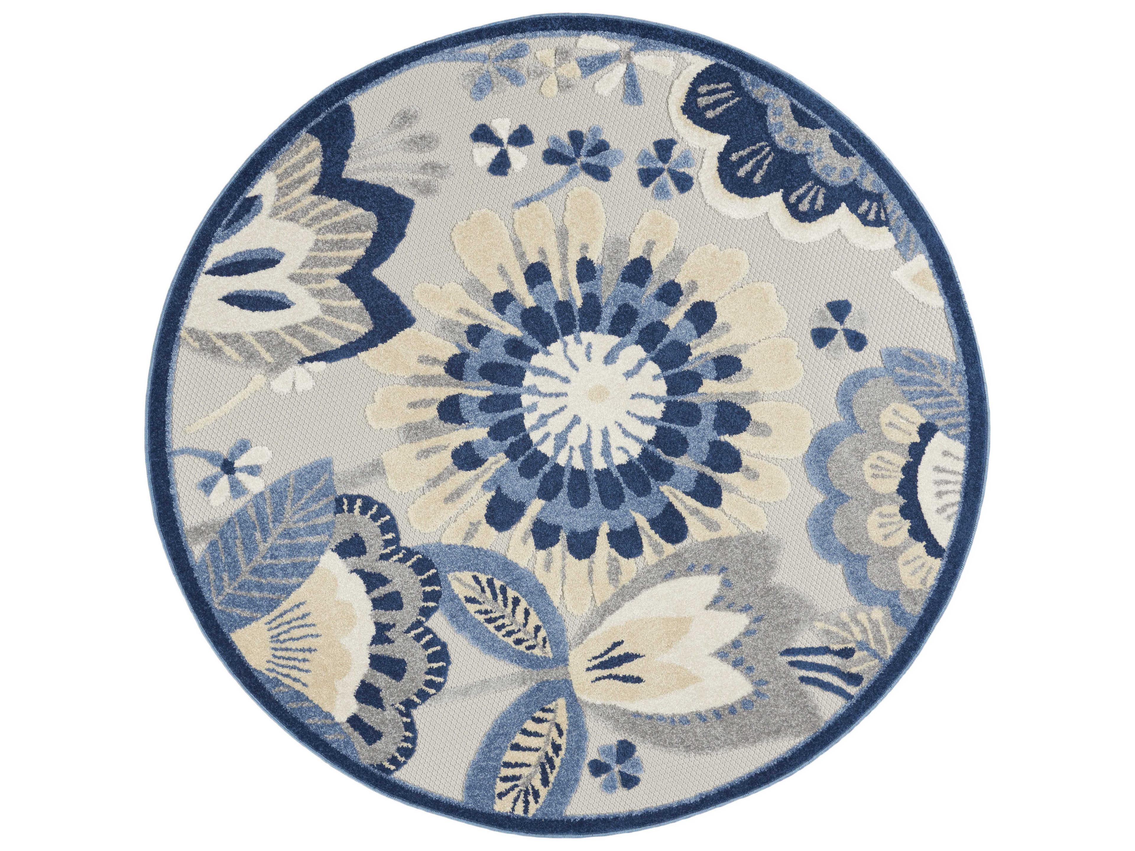 Aloha Round Area Rug Blue Grey Floral Indoor Outdoor