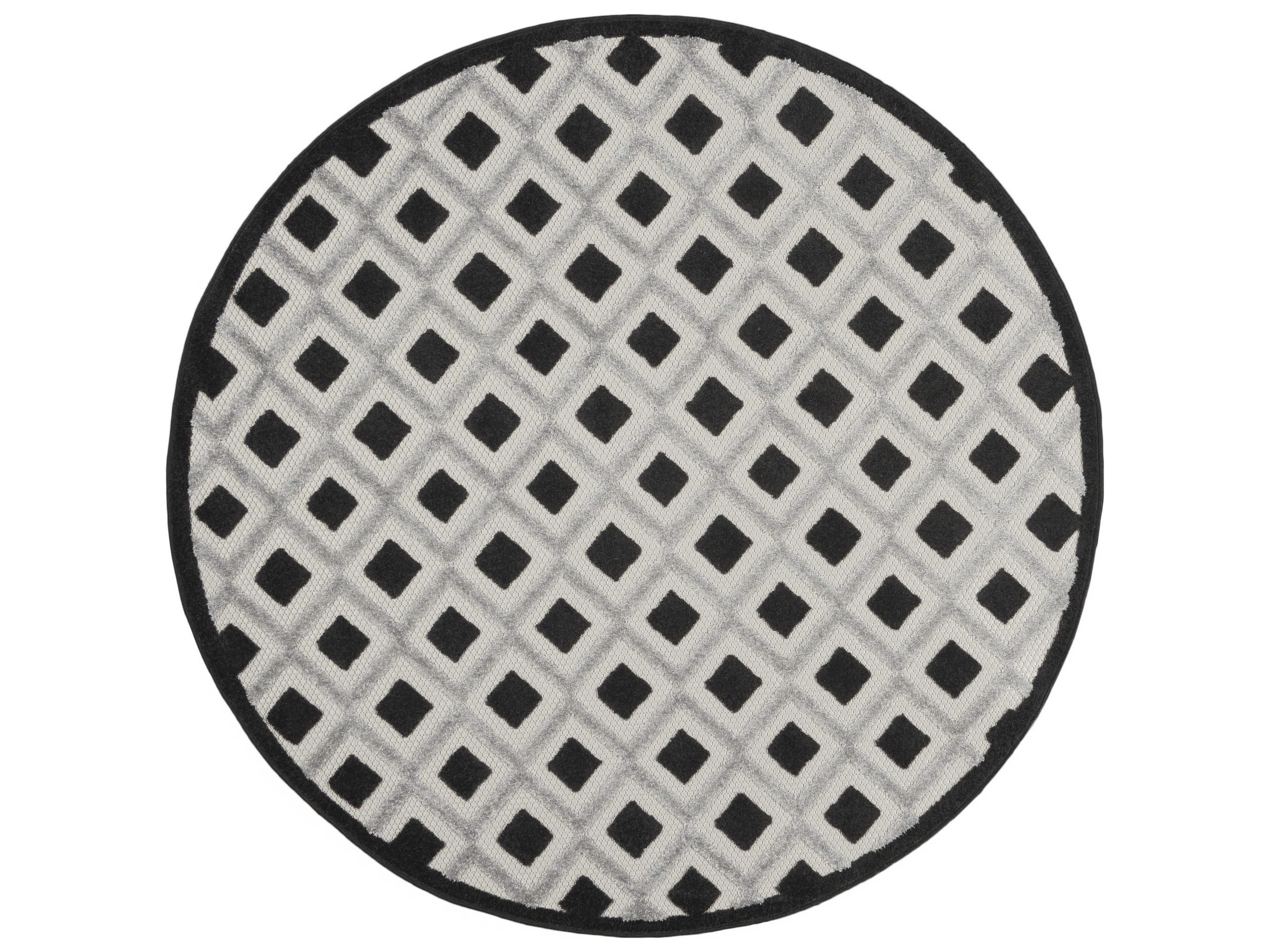 Aloha Round Black and White Geometric Indoor Outdoor Rug