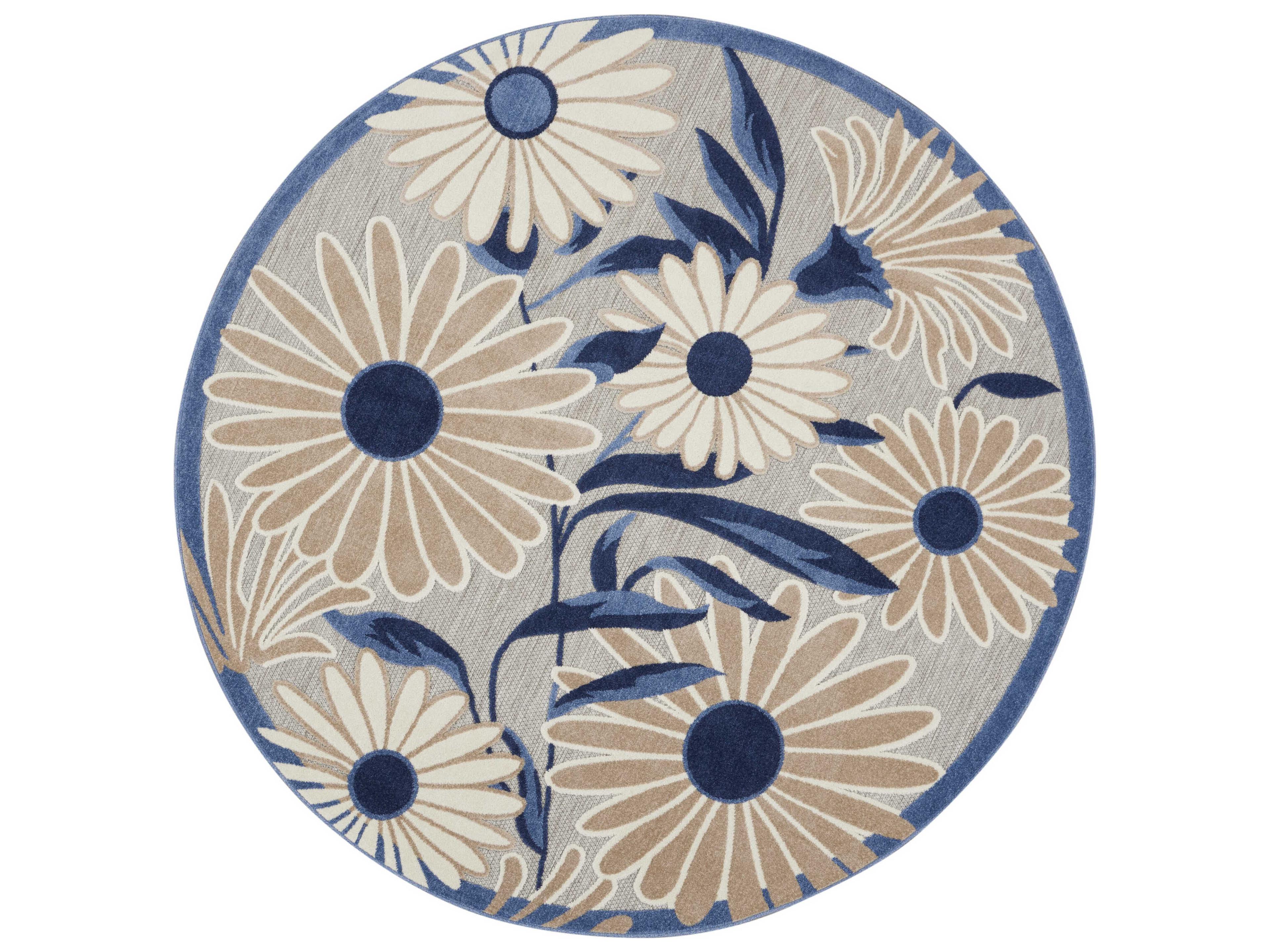 Aloha Indoor Outdoor Floral Blue Grey Round Area Rug