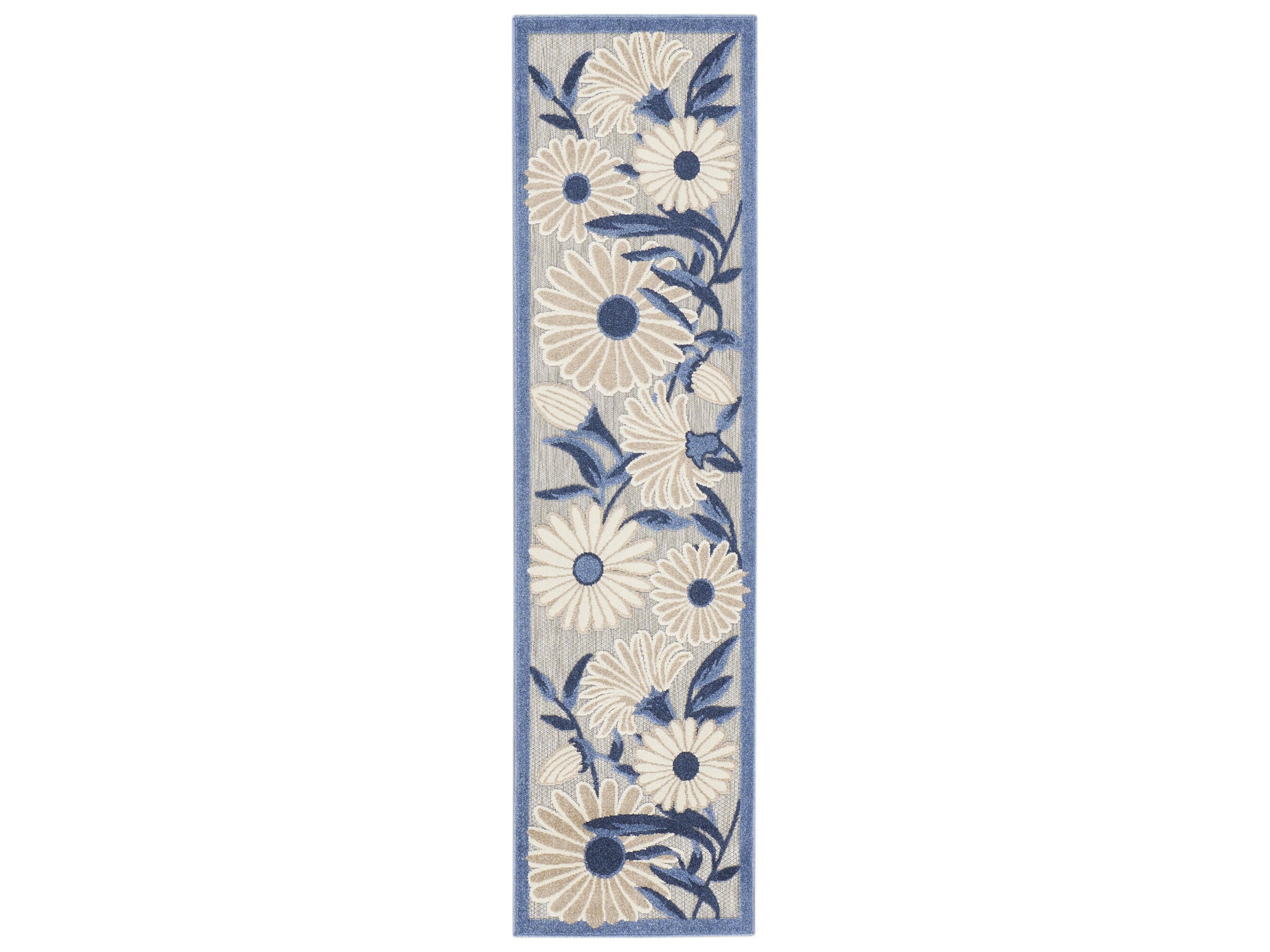 Aloha Runner Rug Blue Grey Floral Indoor Outdoor