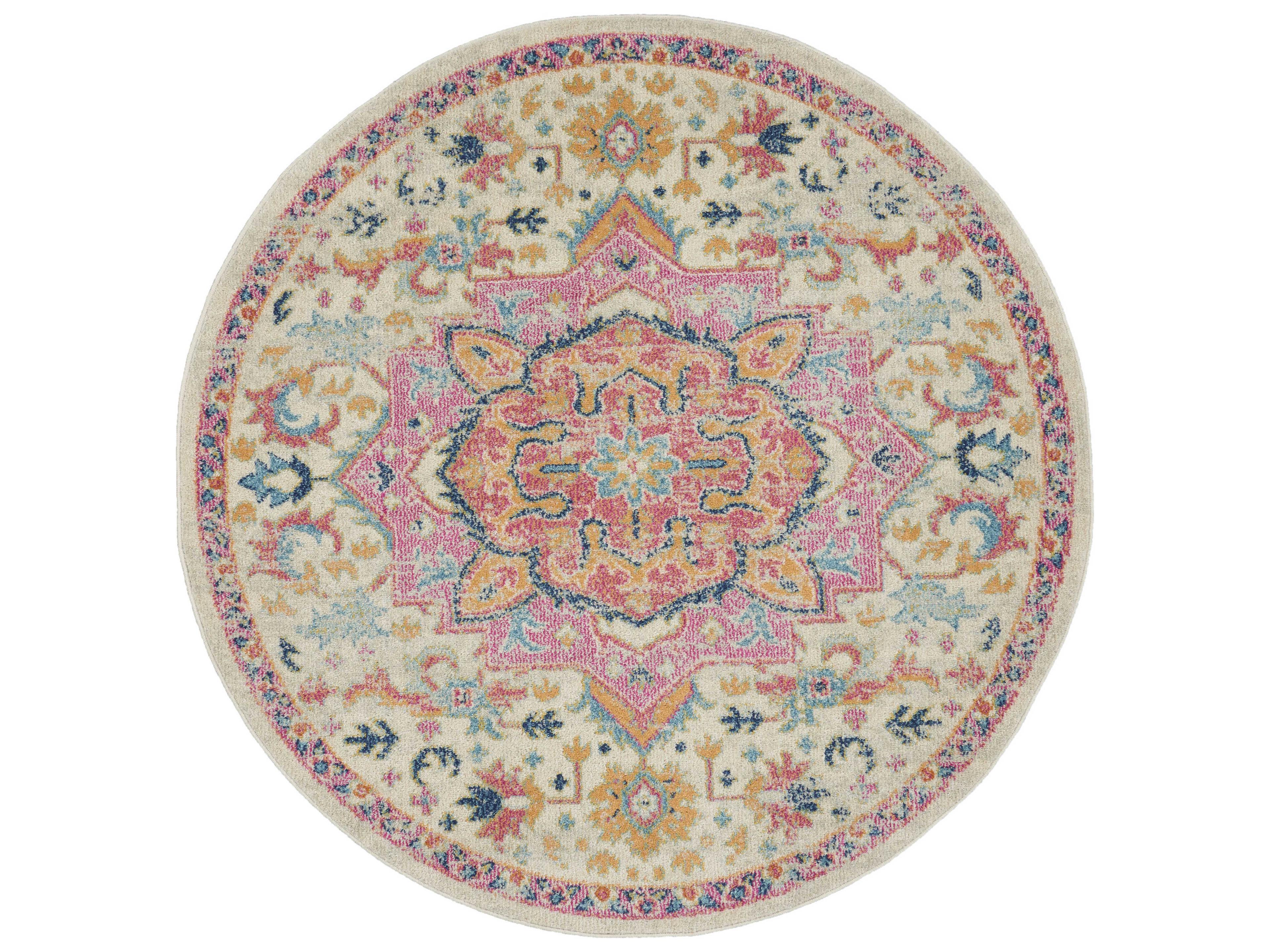 Passion Collection Round Area Rug Ivory Pink Bohemian Floral