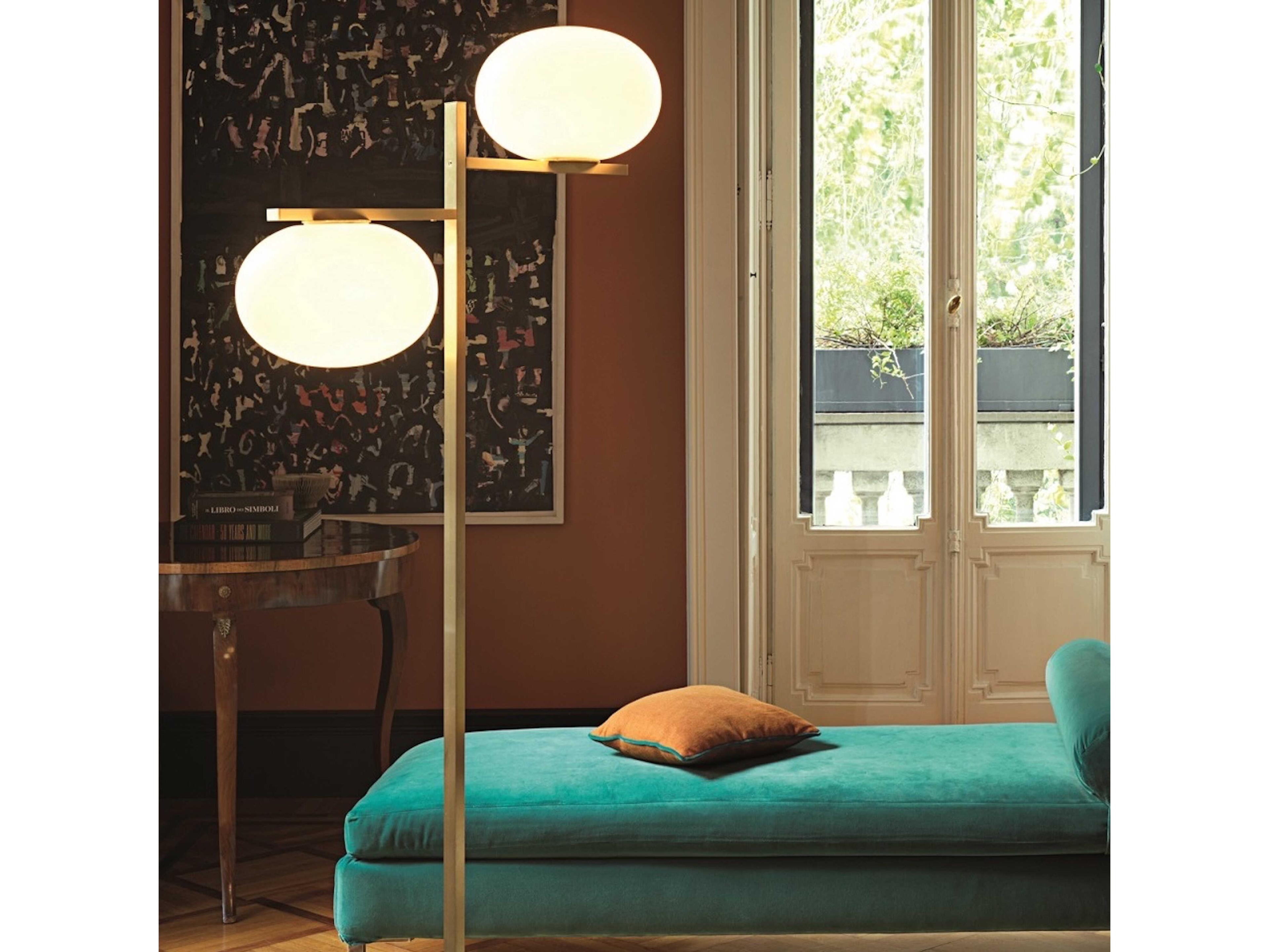Oluce Alba Satin Brass Opaline Gray Glass Floor Lamp